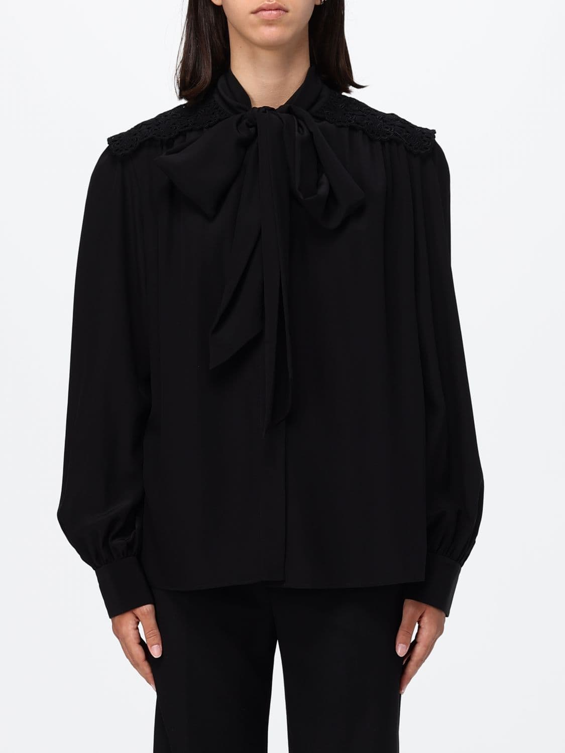 Chloé Satin Pussy-Bow Blouse with Lace Inserts