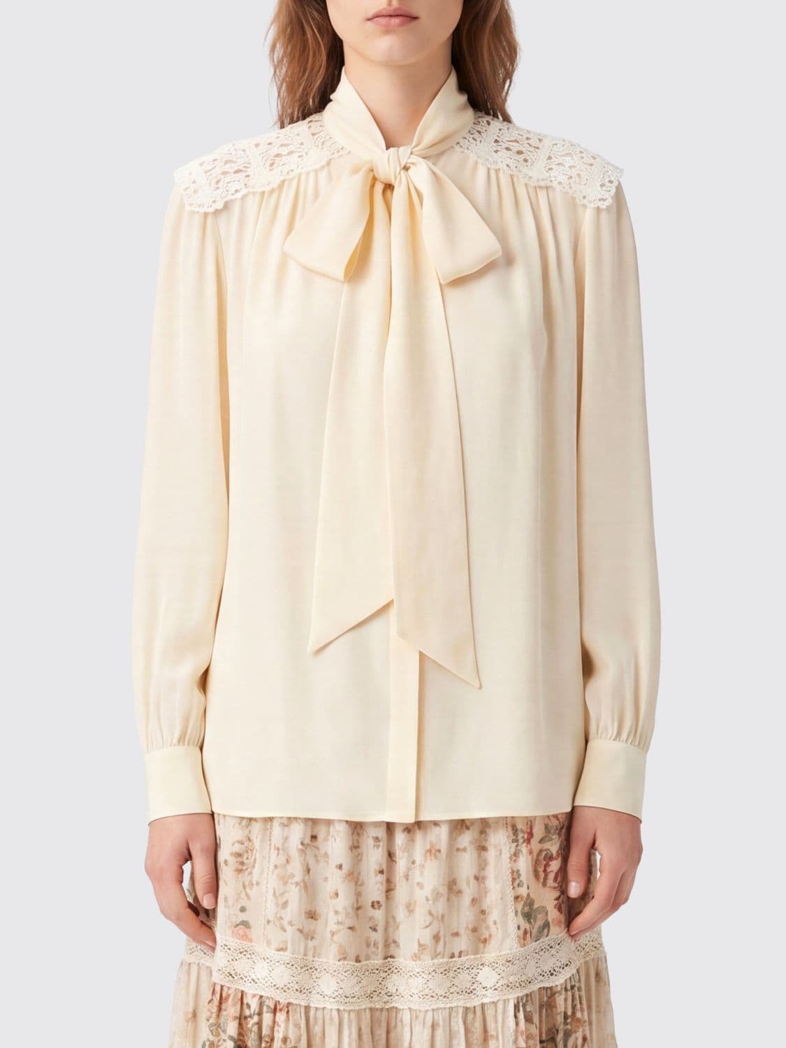 Chloé Satin Pussy-Bow Blouse with Lace Inserts