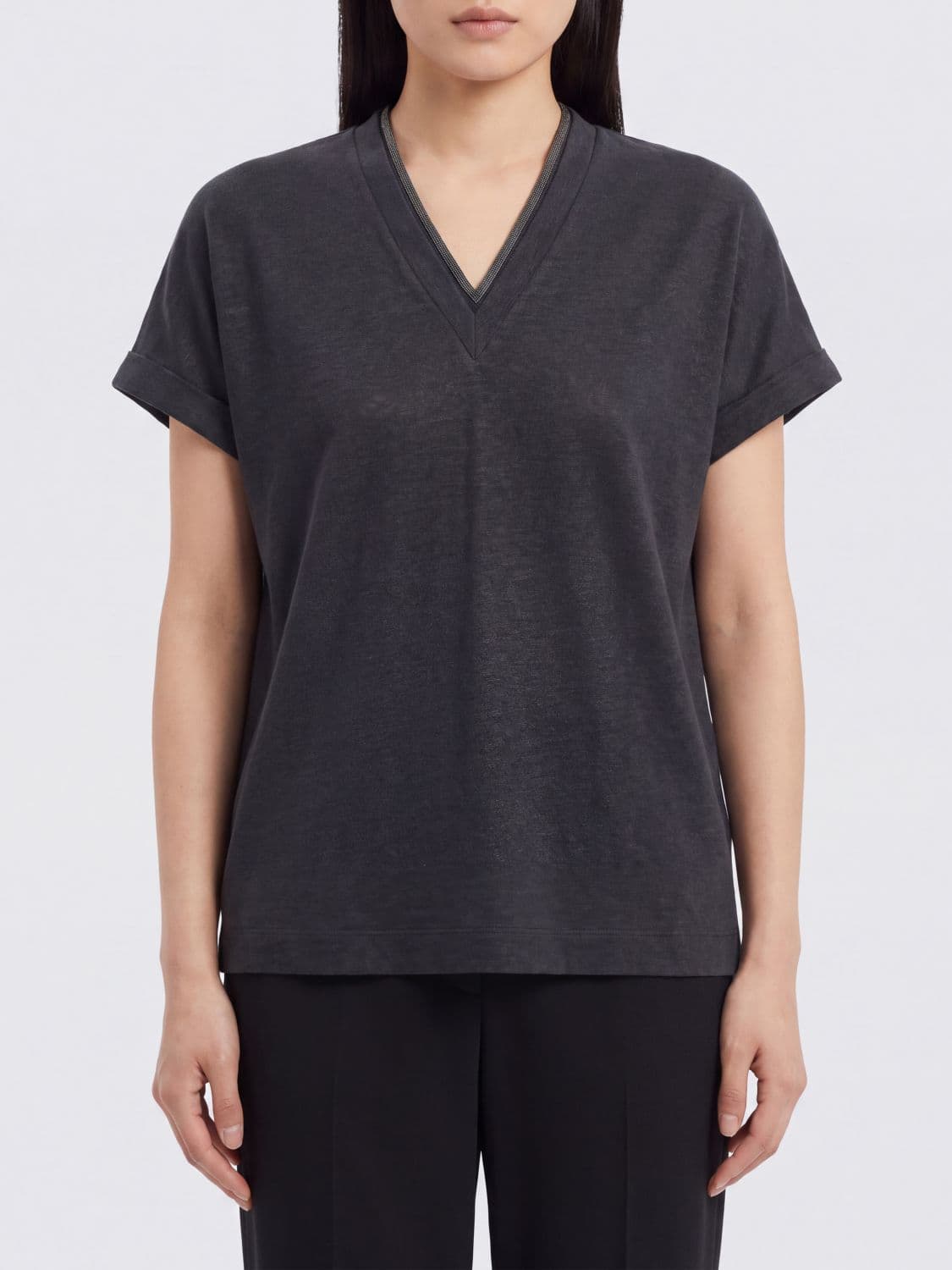 Brunello Cucinelli Cotton V-Neck T-Shirt with Monili Embellishment