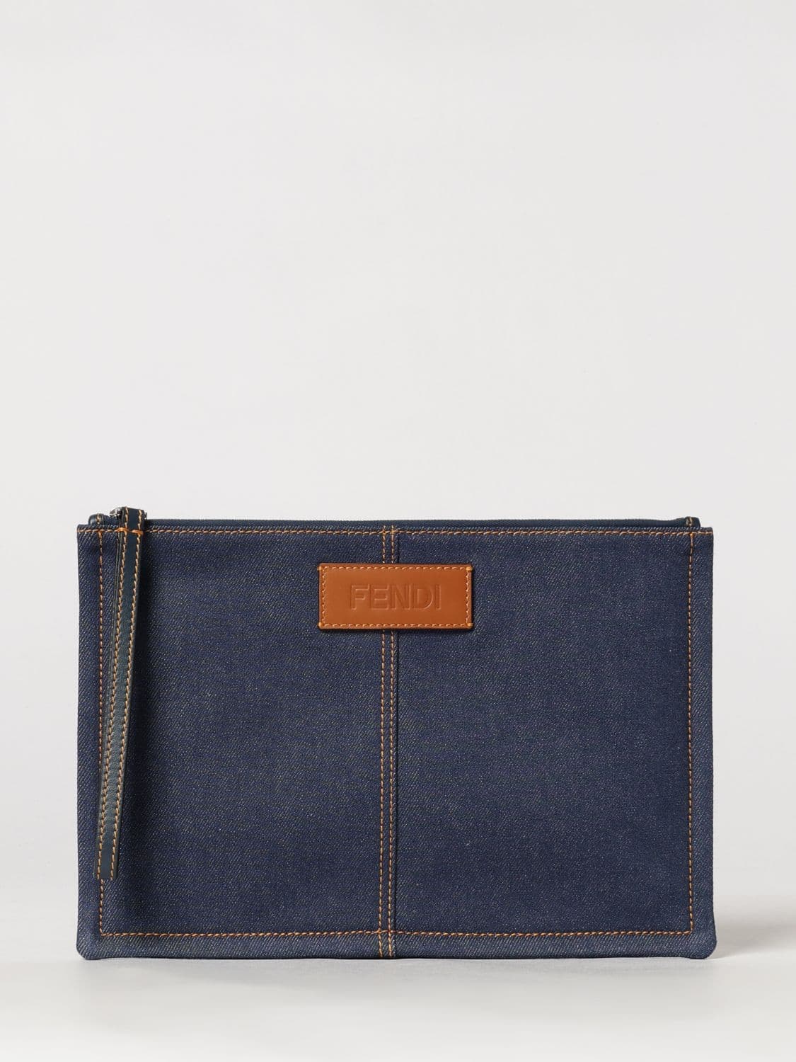 Fendi Cotton Denim Document Holder Pouch with Embossed Logo