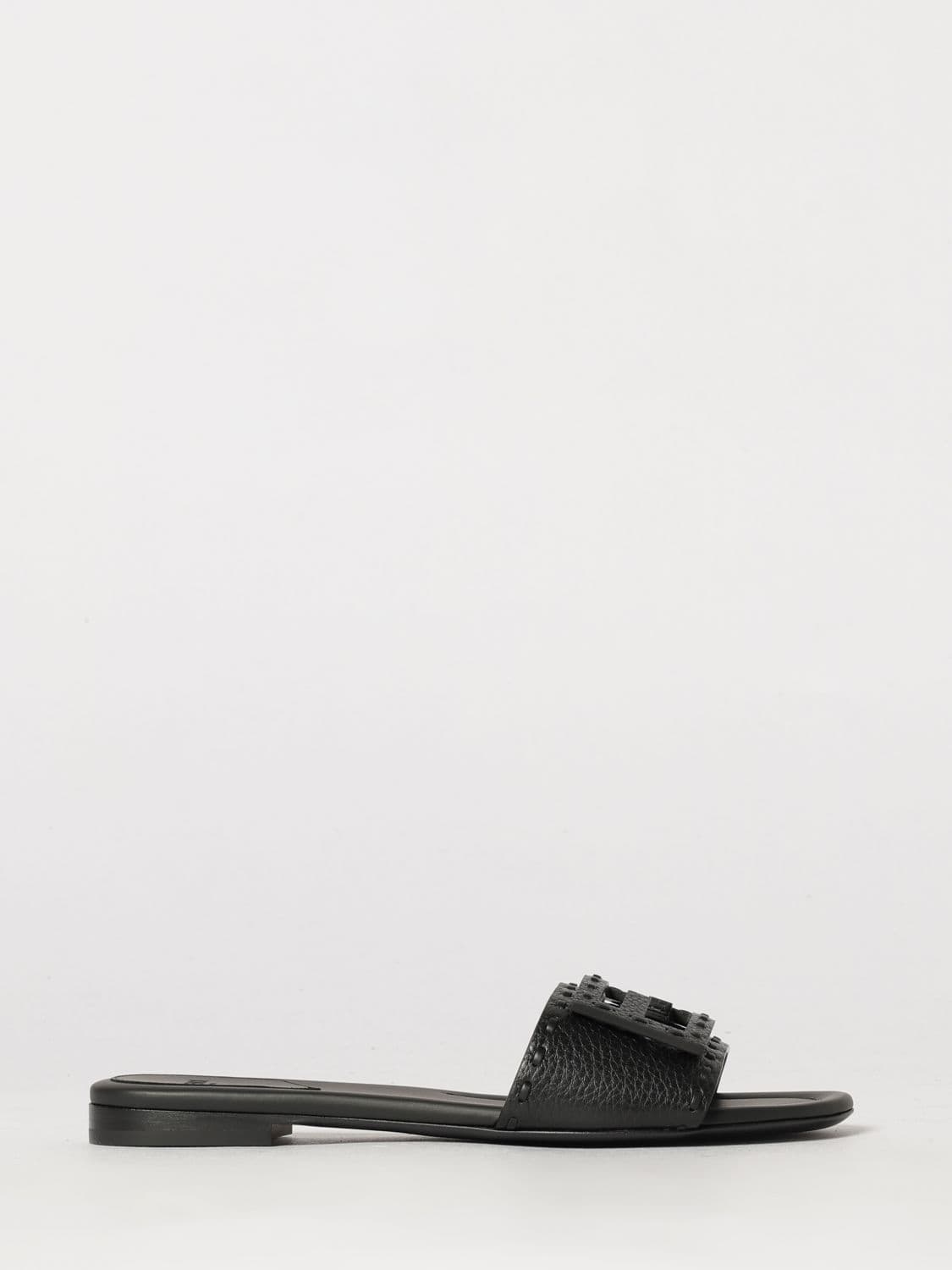 Fendi Baguette Flat Sandals in Grained Calfskin with FF Monogram