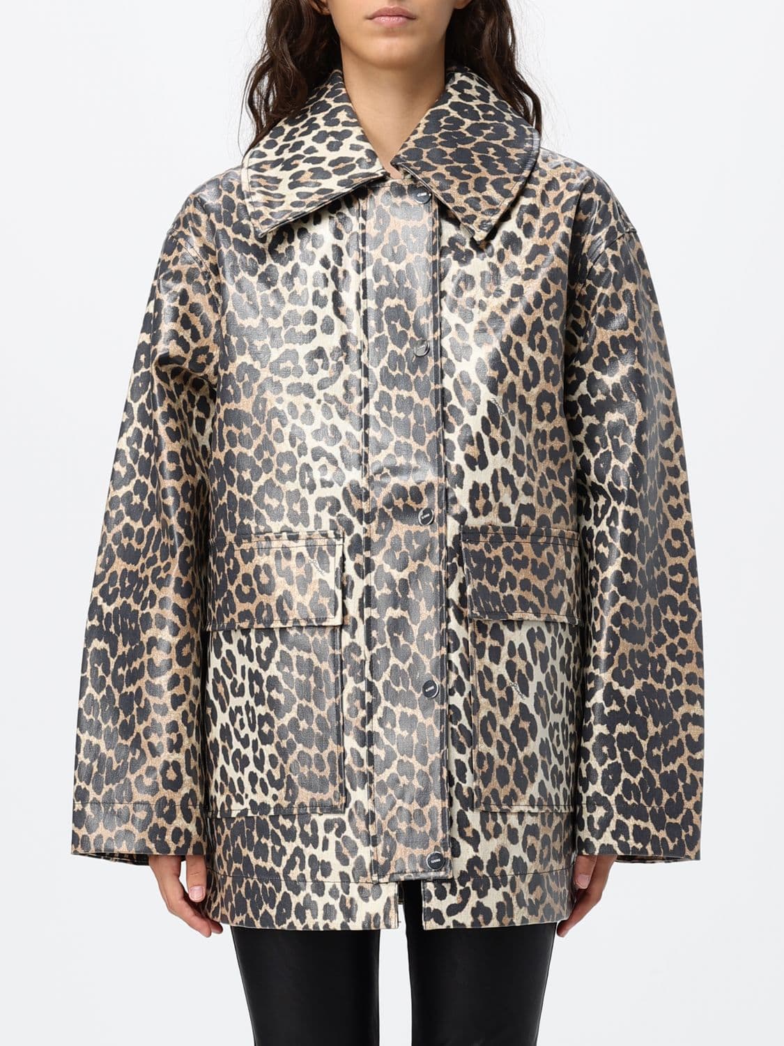 Ganni Single-Breasted Cropped Jacket in Cotton and Hemp with Animal Print