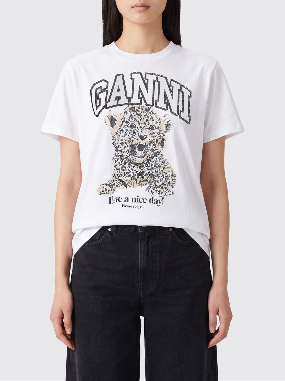 Ganni Crewneck Cotton T-shirt with Graphic Logo Print