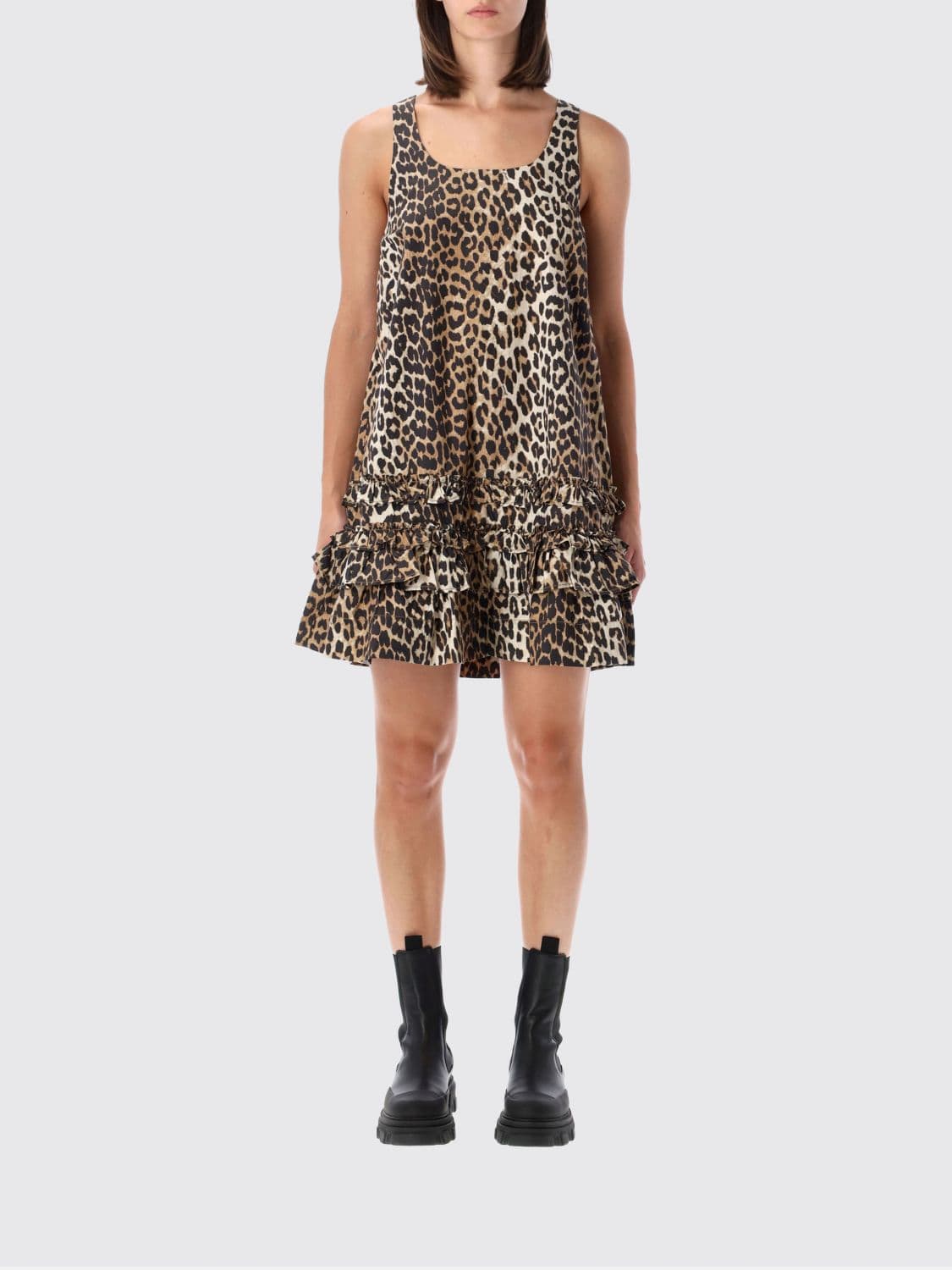 Ganni Off-the-Shoulder Animalier Organic Cotton Mini Dress