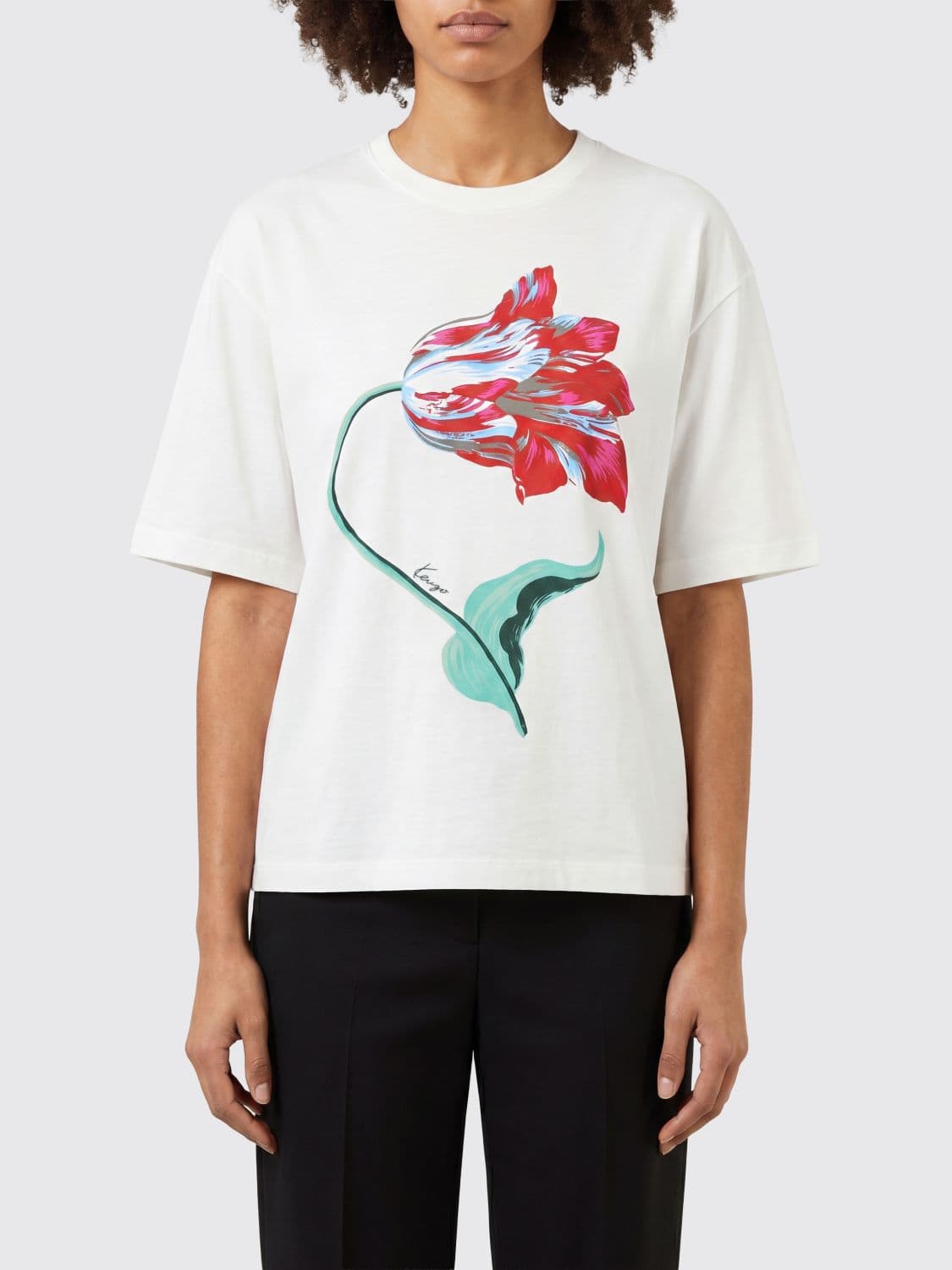 Kenzo Floral Print Cotton T-Shirt with Dropped Shoulders