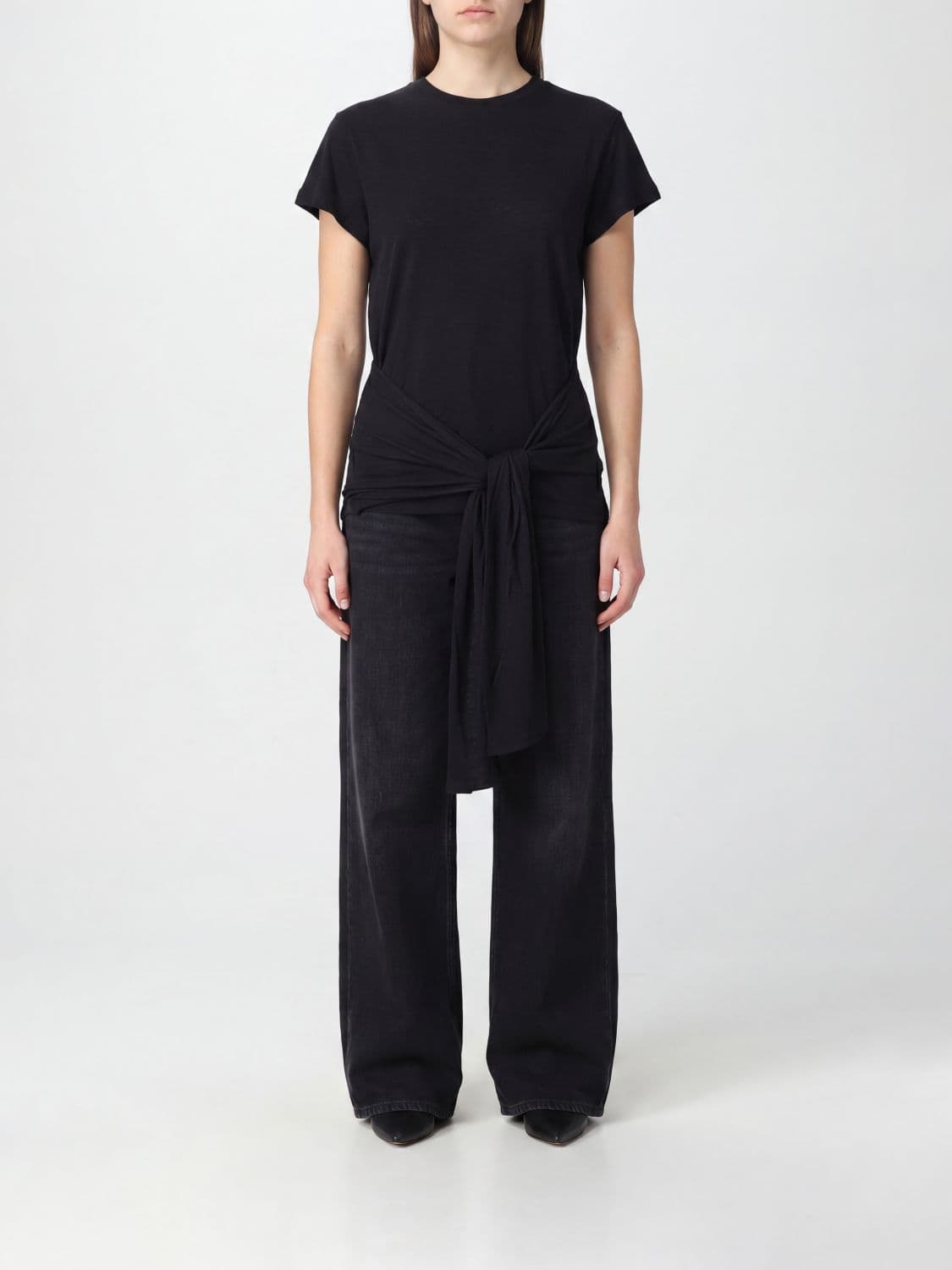 Toteme Long Cotton Crewneck T-shirt with Tie-Waist Sash Belt