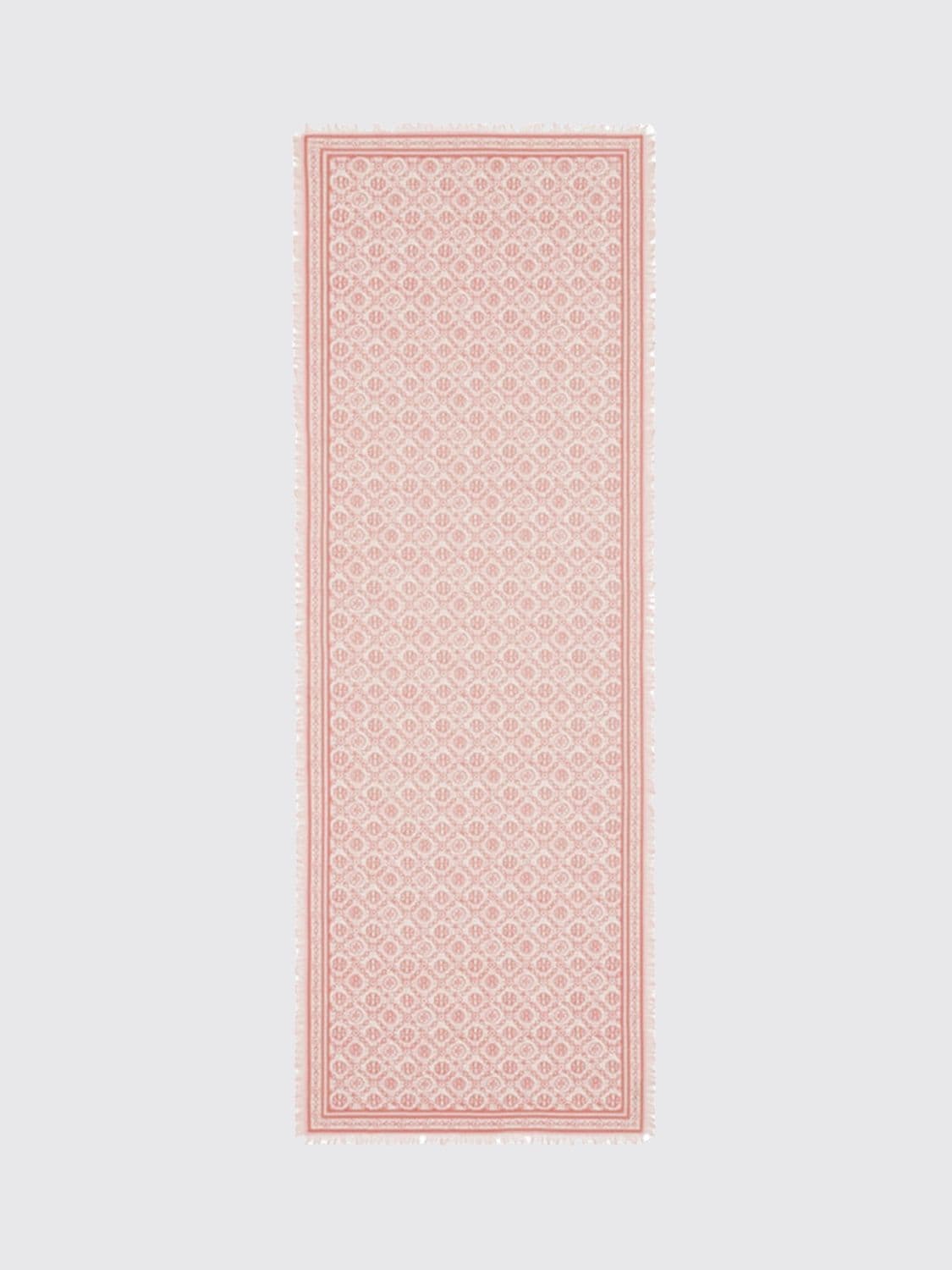 Tory Burch Monogram Wool and Silk Blend Scarf with Fringed Edges