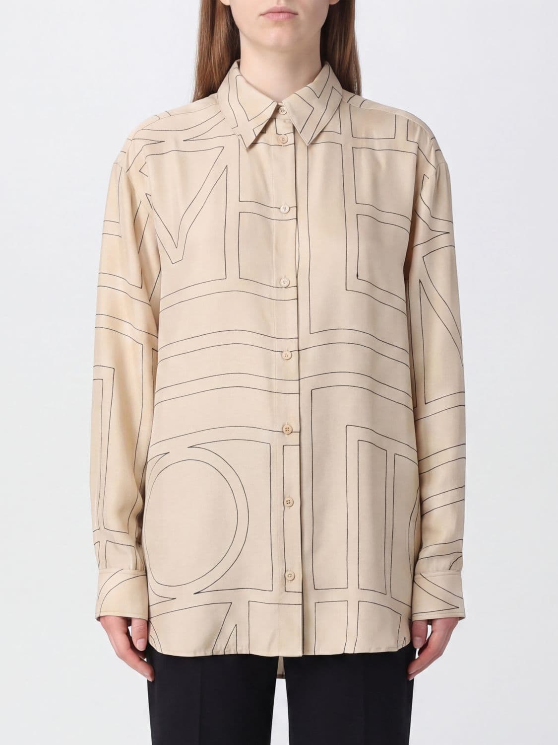 Toteme Relaxed Fit Cotton Shirt with Contrast Monogram and Dropped Shoulders