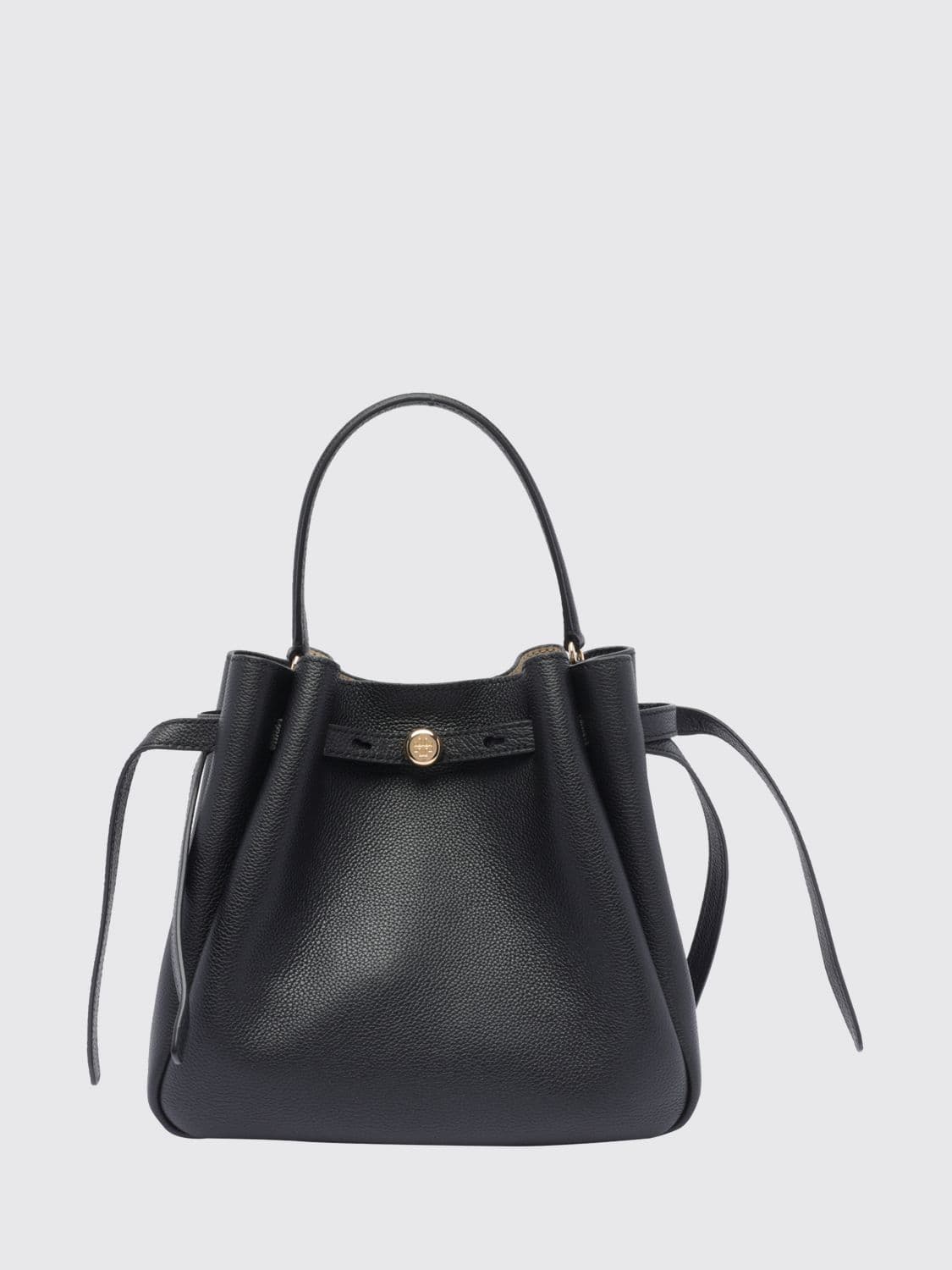 Tory Burch Romy Mini Handbag in Pebbled Leather with a Flared Shape