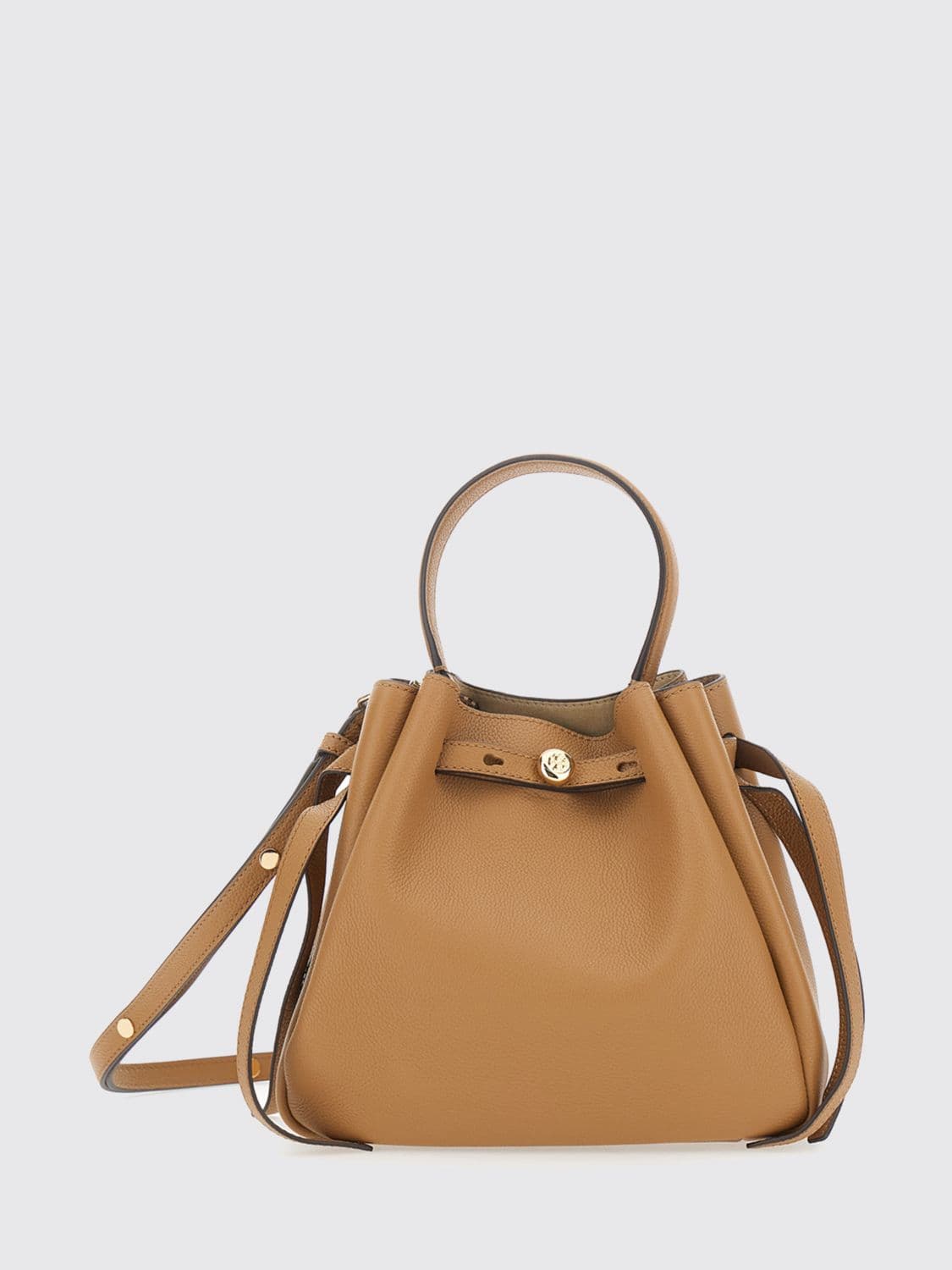 Tory Burch Romy Mini Handbag in Pebbled Leather with a Flared Shape