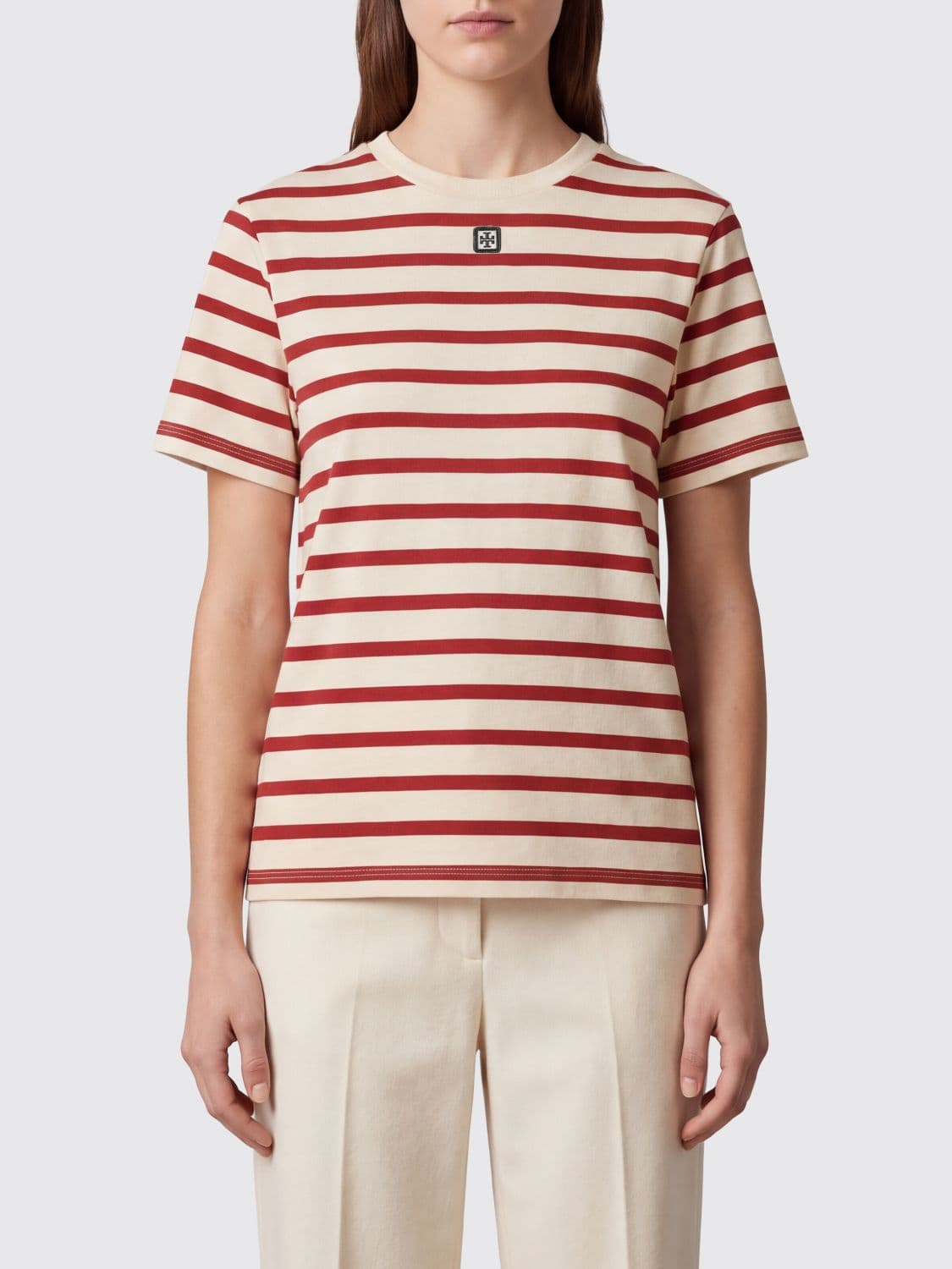 Tory Burch Striped Slim Fit T-Shirt in Cotton with Double T Logo