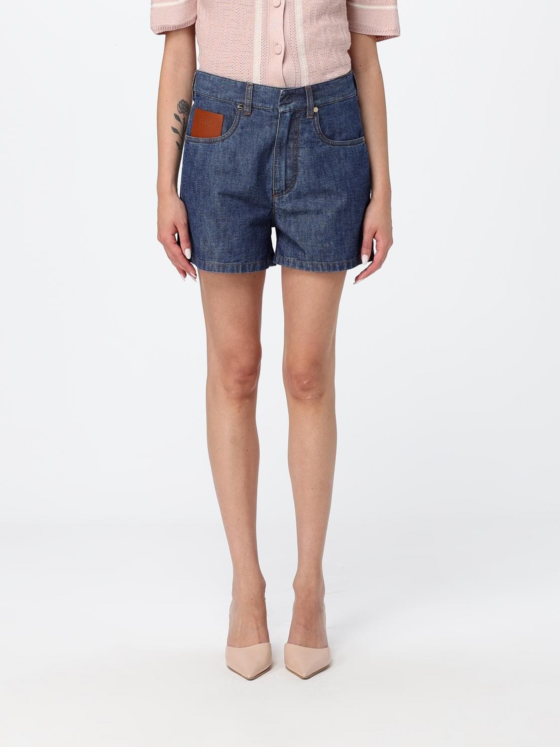 Fendi Five-Pocket Cotton Denim Shorts with Contrast Logo