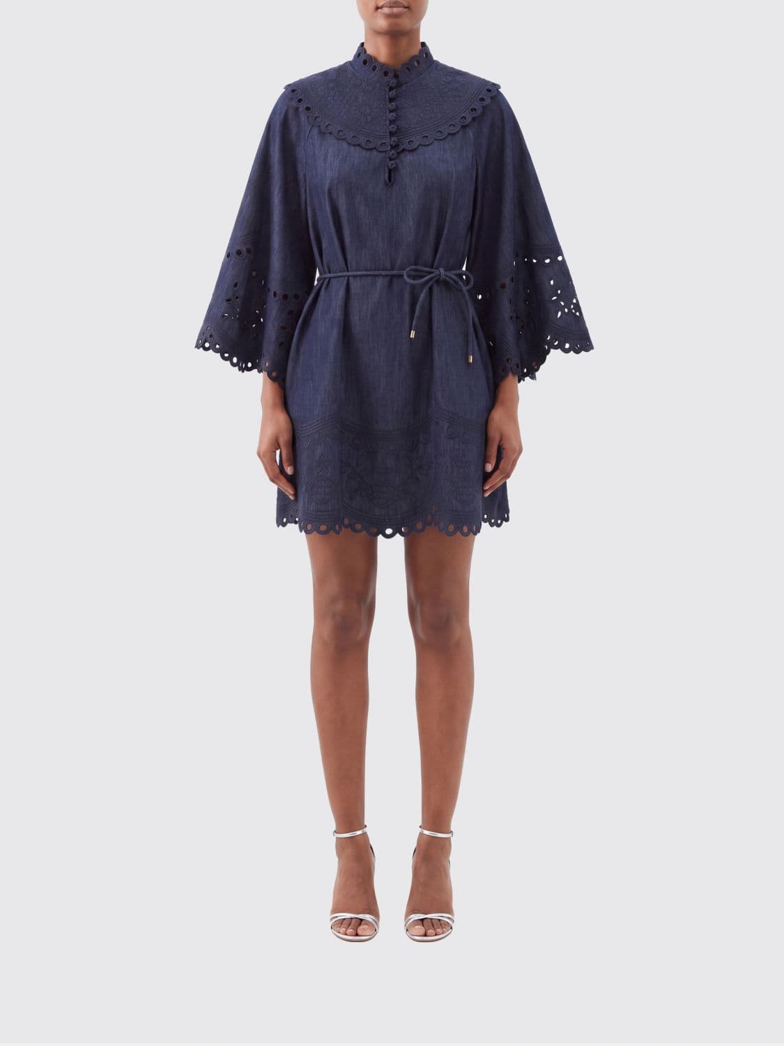 Zimmermann Mahon Denim Mini Dress with Kimono Sleeves and Lace