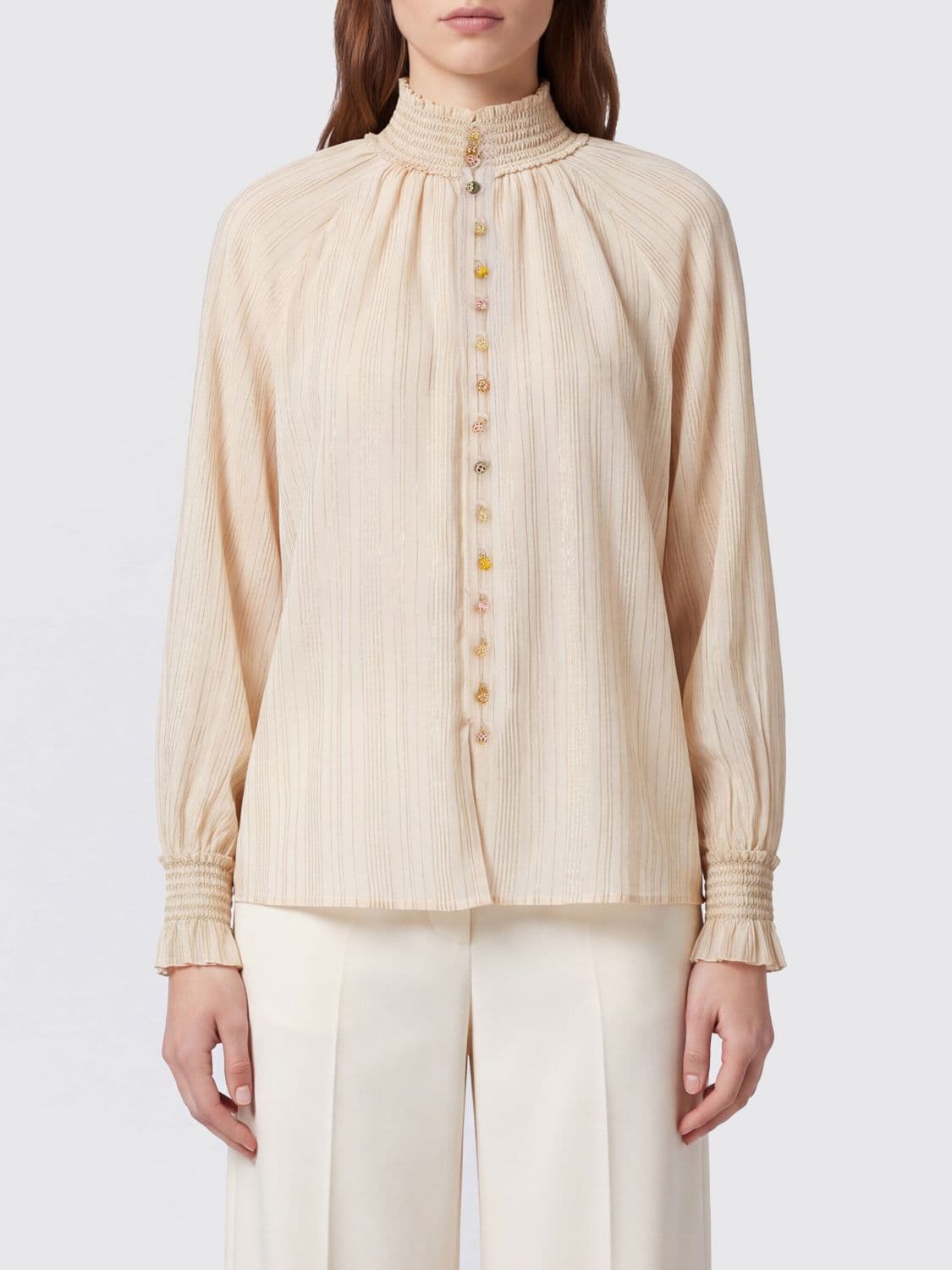 Zimmermann Aster Silk and Cotton Shirt with Balloon Sleeves and High Neck