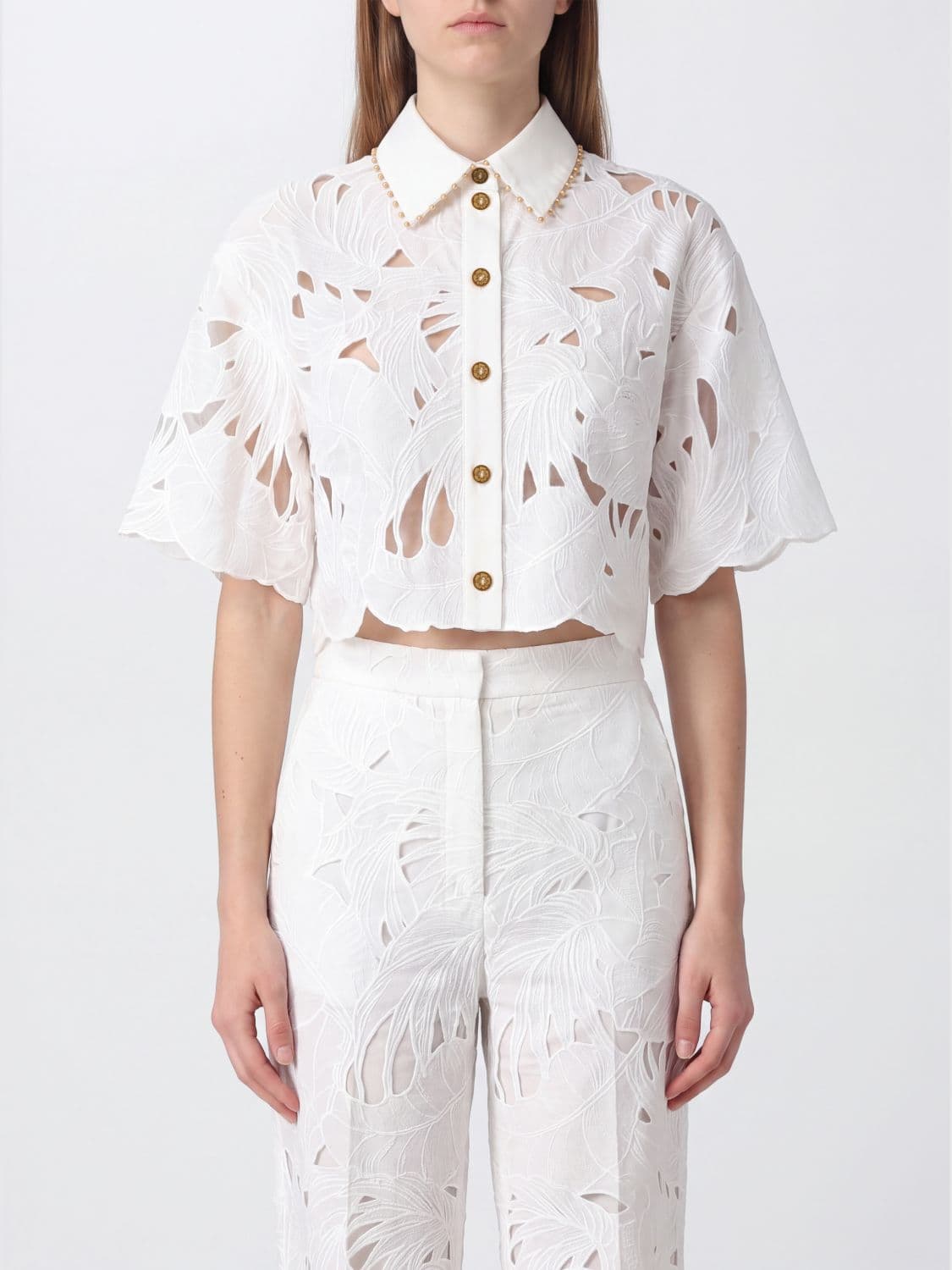 Zimmermann Mahon Short-Sleeved Shirt in Cotton with Openwork Detailing