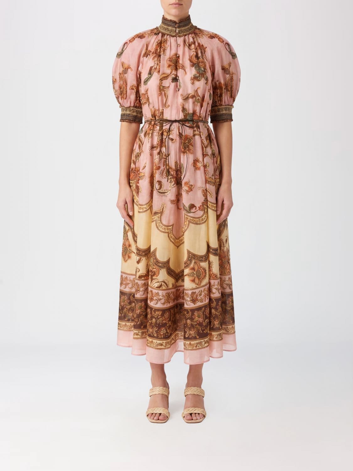 Zimmermann Floral Print Silk Midi Dress with Puff Sleeves