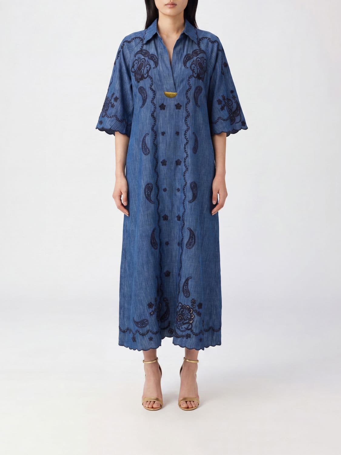 Zimmermann Aster Long Embroidered Cotton Denim Chemisier Dress