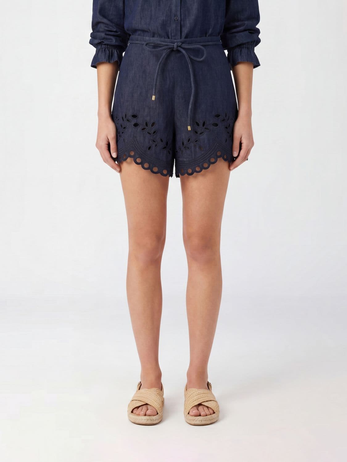 Zimmermann High-Waisted Cotton Denim Shorts with Lace Inserts