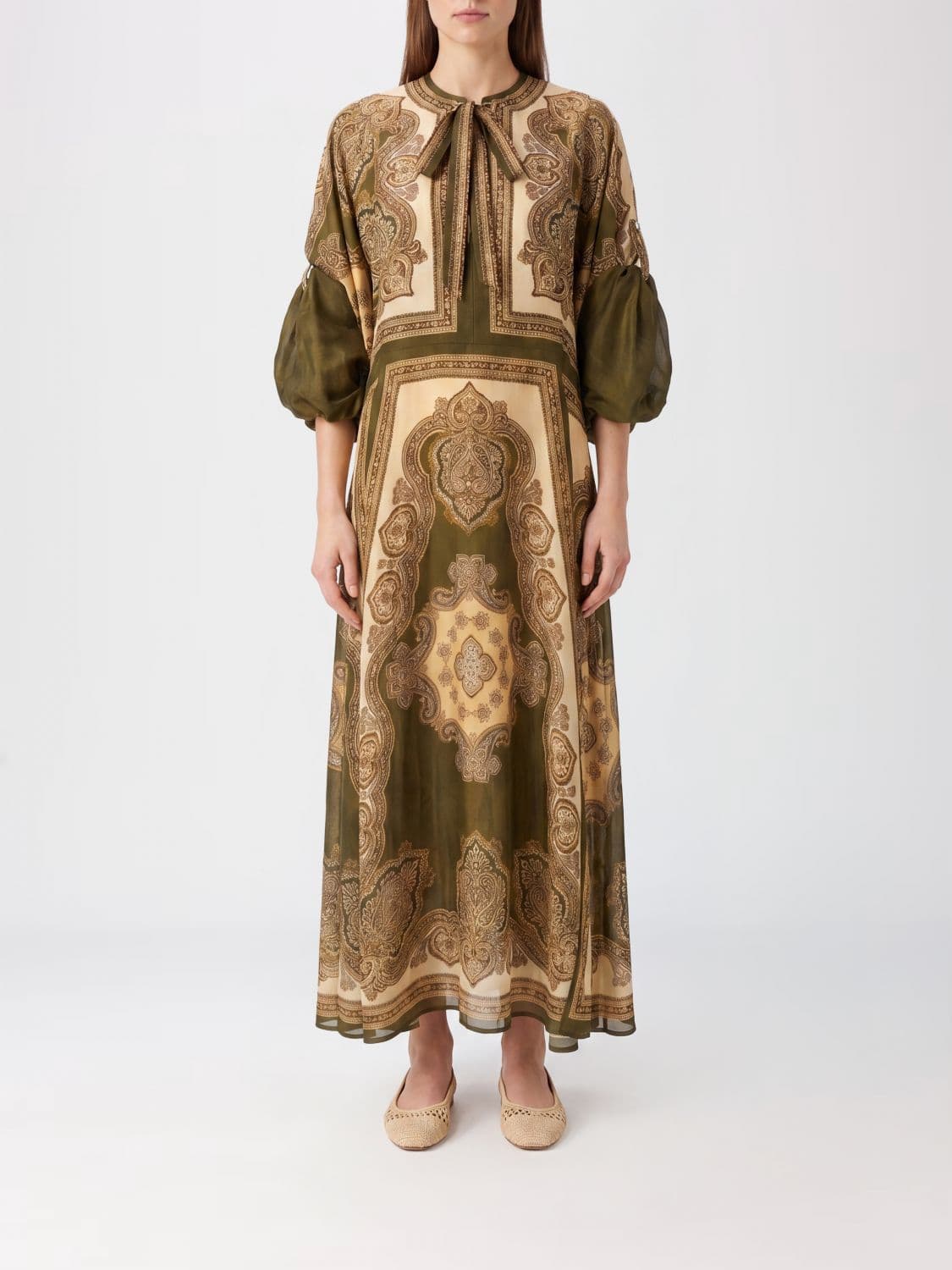 Zimmermann Ethnic Print Silk Midi Tunic with Balloon Sleeves