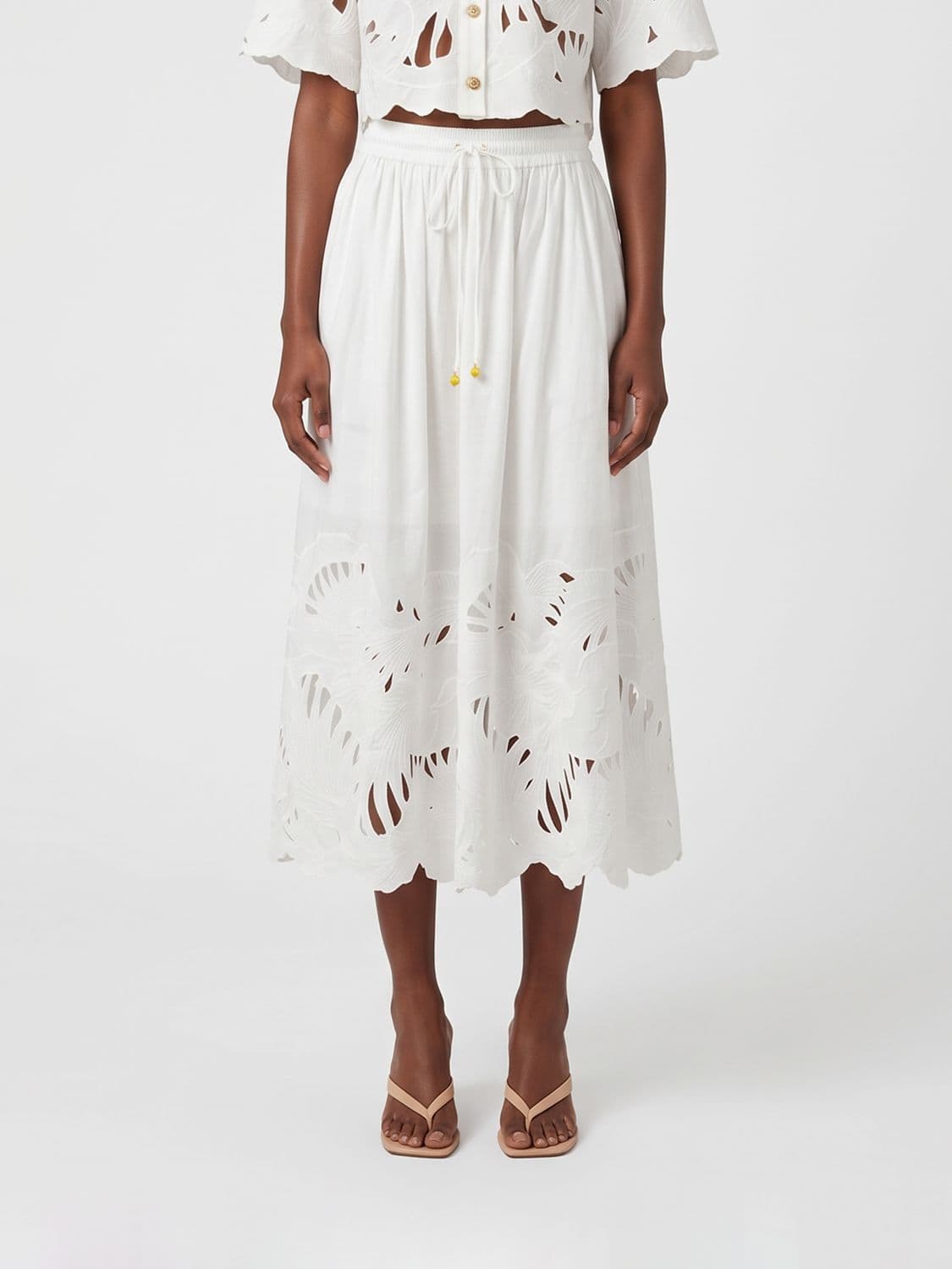 Zimmermann Mahon A-Line Midi Skirt in Cotton with High Elasticated Waist