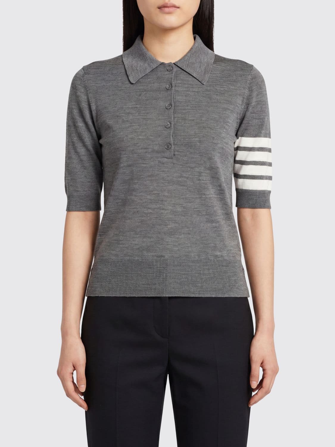 Thom Browne Slim Fit Knitted Polo Shirt in Virgin Wool with 4-Bar Stripe
