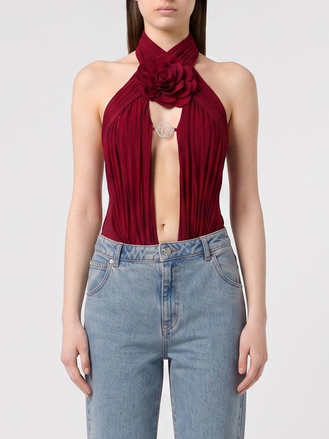 Philipp Plein Slim Fit Evening Top with Criss-Cross Neckline and Cut-Out