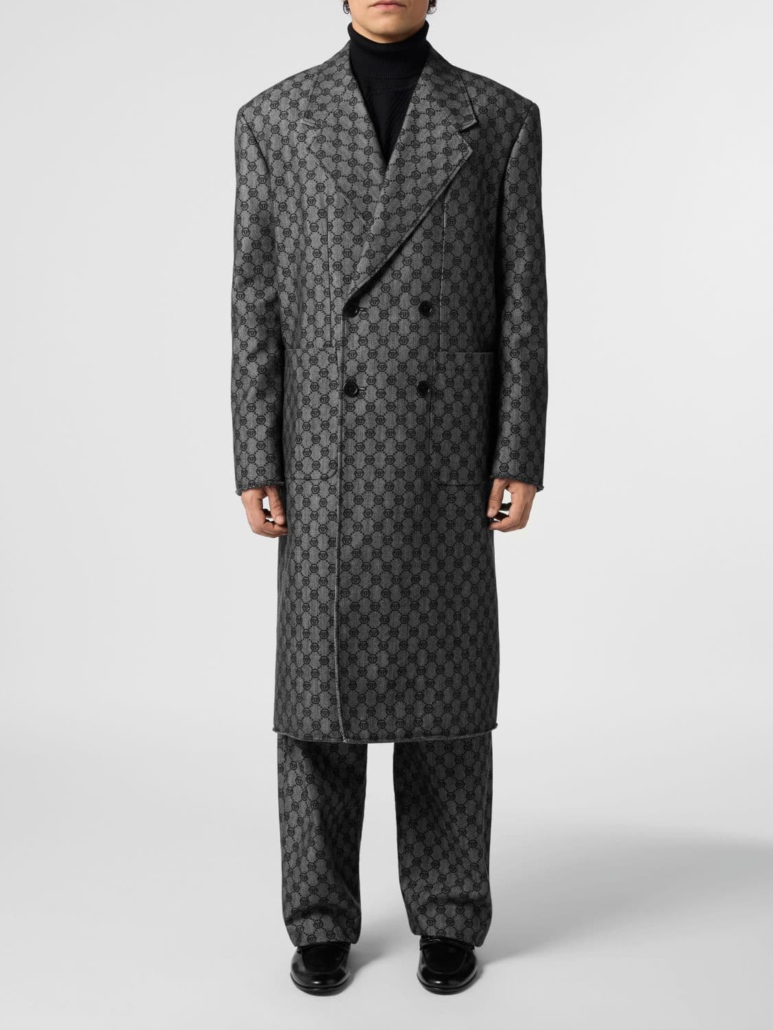 Philipp Plein Knee-Length Double-Breasted Coat in Cotton with Monogram