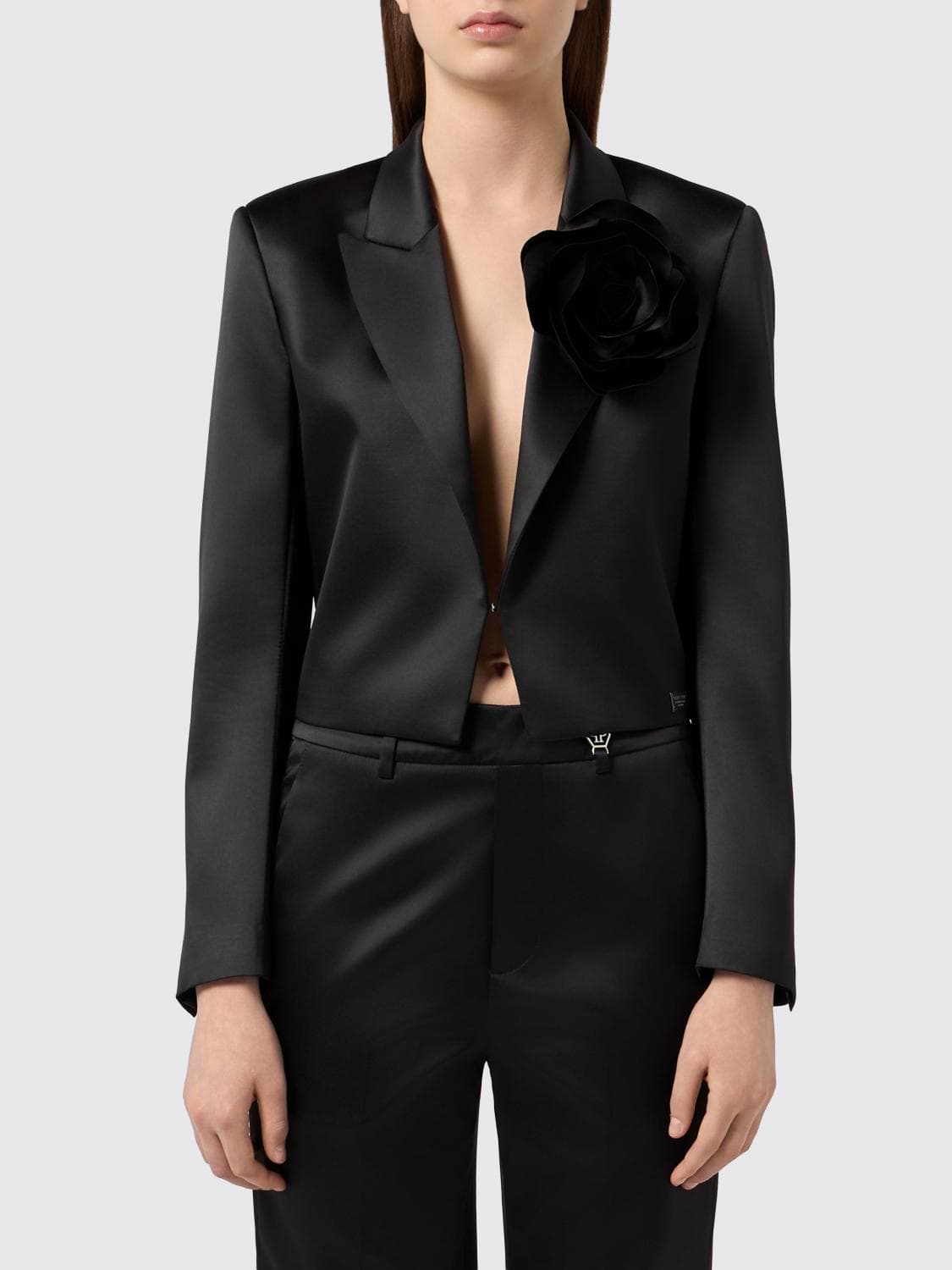 Philipp Plein Cropped Satin Blazer with Floral Appliqué and Peak Lapels