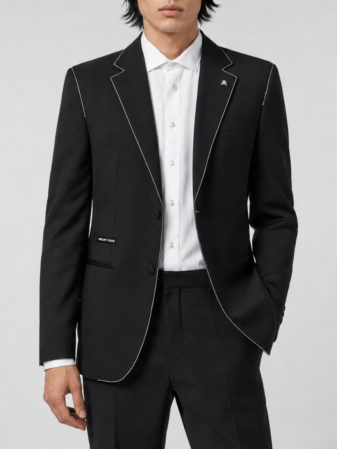 Philipp Plein Single-Breasted Blazer in Virgin Wool with Contrast Piping