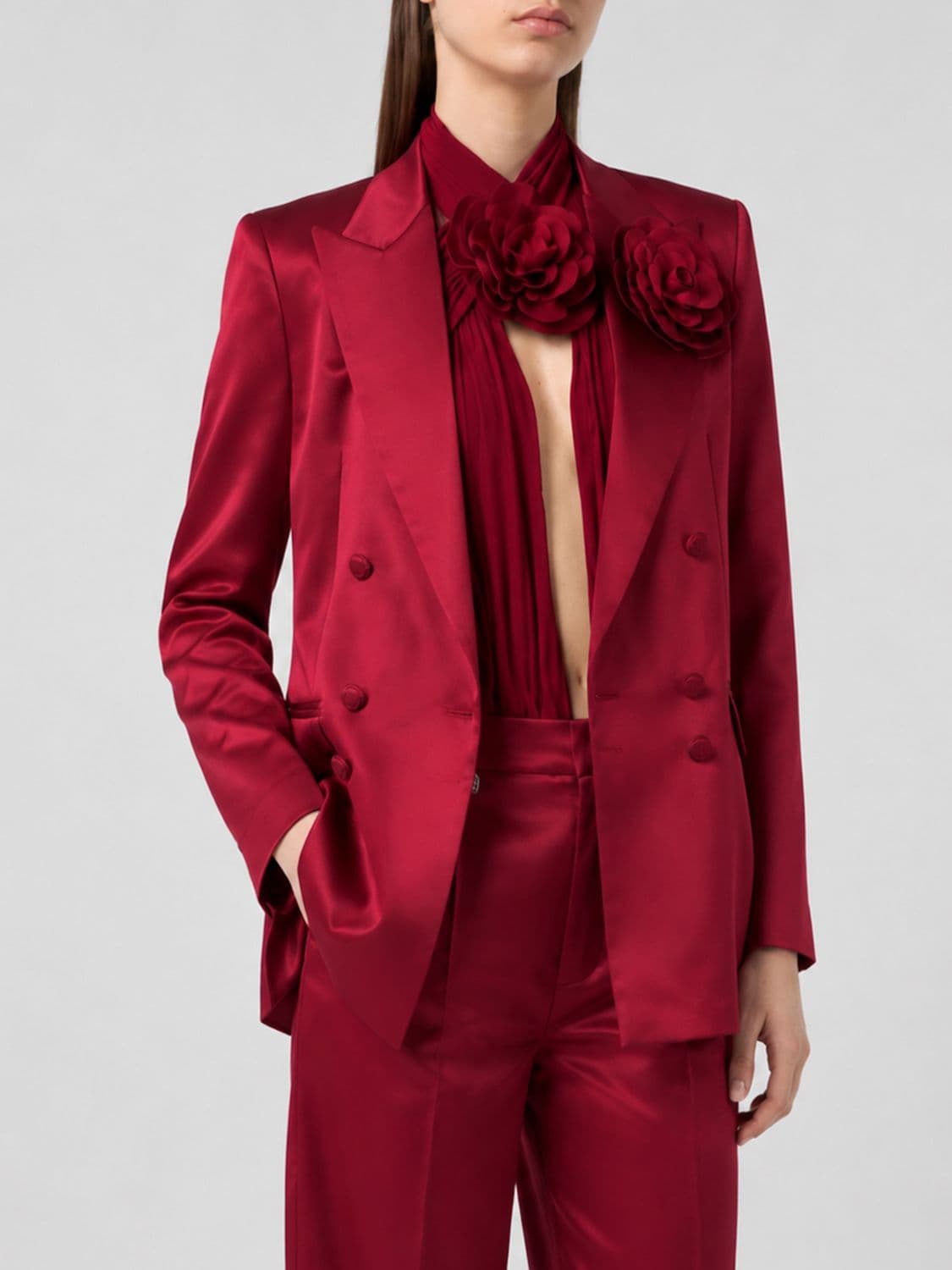 Philipp Plein Double-Breasted Satin Blazer with Floral Appliqué on the Lapel