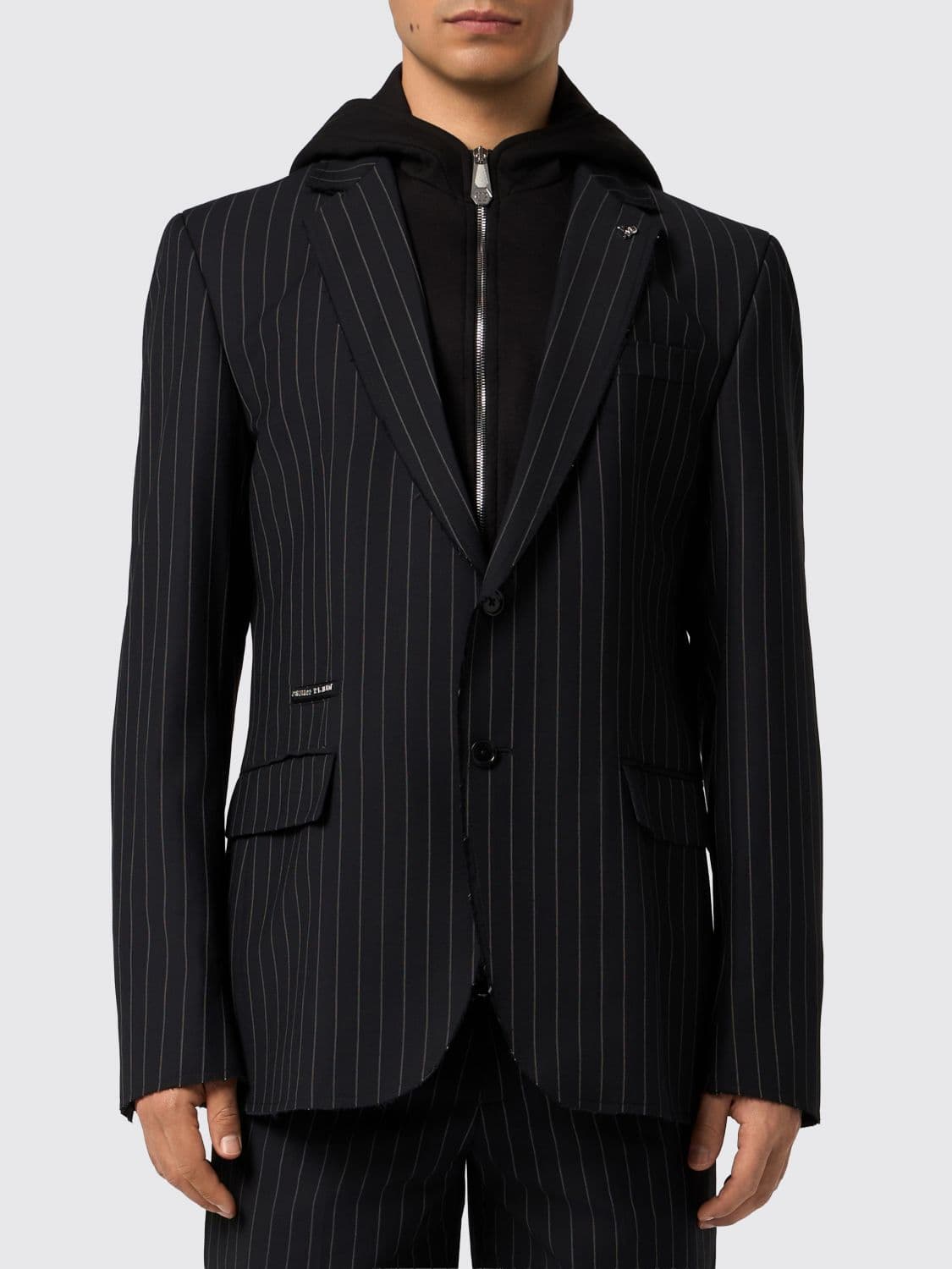 Philipp Plein Slim Fit Pinstripe Single-Breasted Blazer with a Hood
