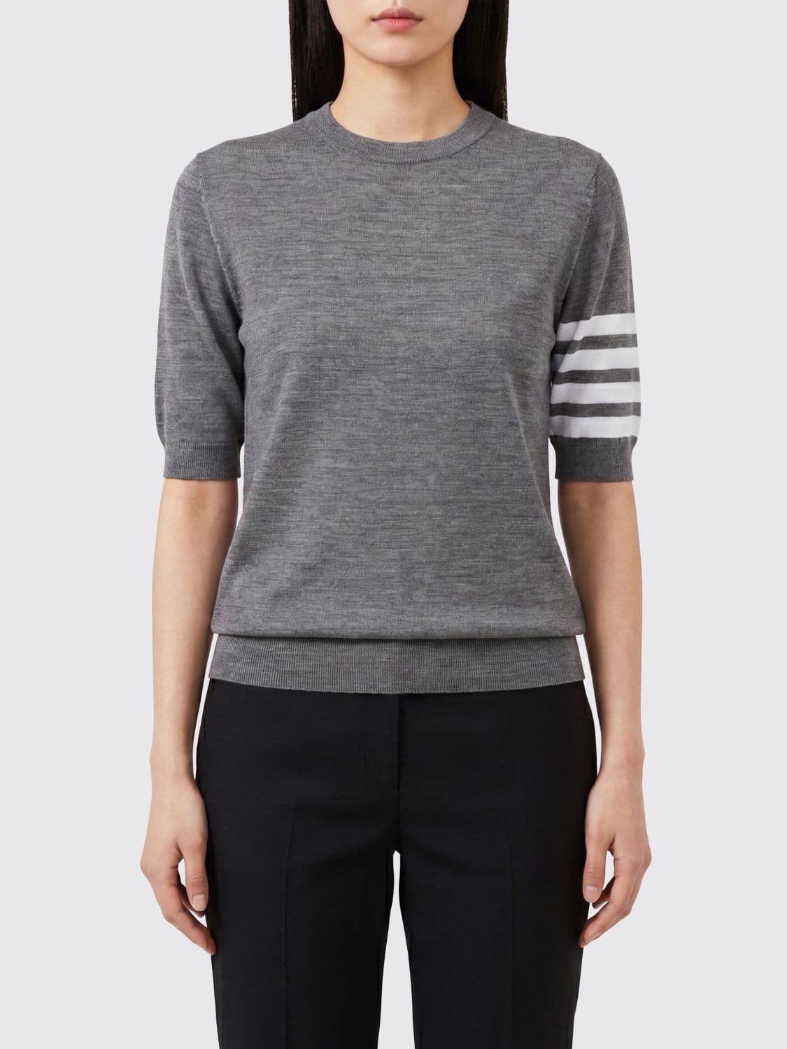 Thom Browne Short-Sleeved Crew Neck Jumper in Virgin Wool with 4-Bar Stripe