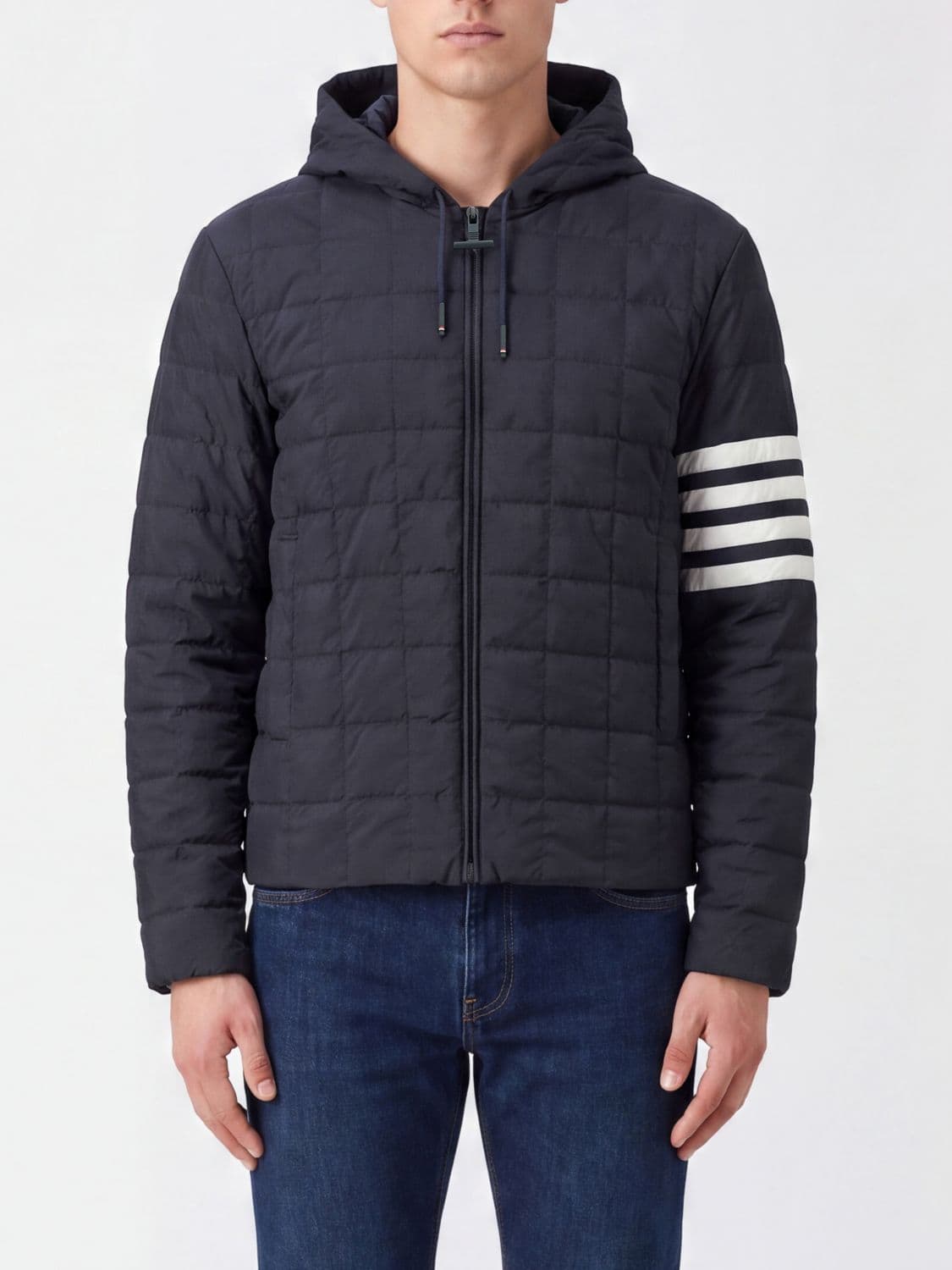 Thom Browne Ripstop Nylon Down Jacket with Hood and Iconic 4-Bar Stripe