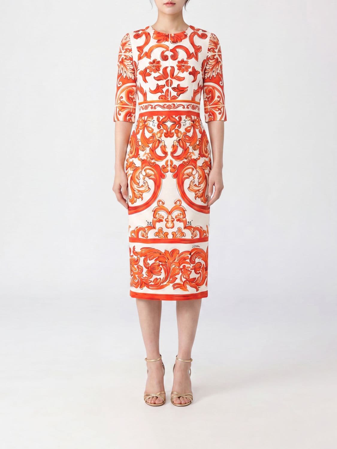 Dolce & Gabbana Maiolica Print Silk Midi Sheath Dress with Short Sleeves