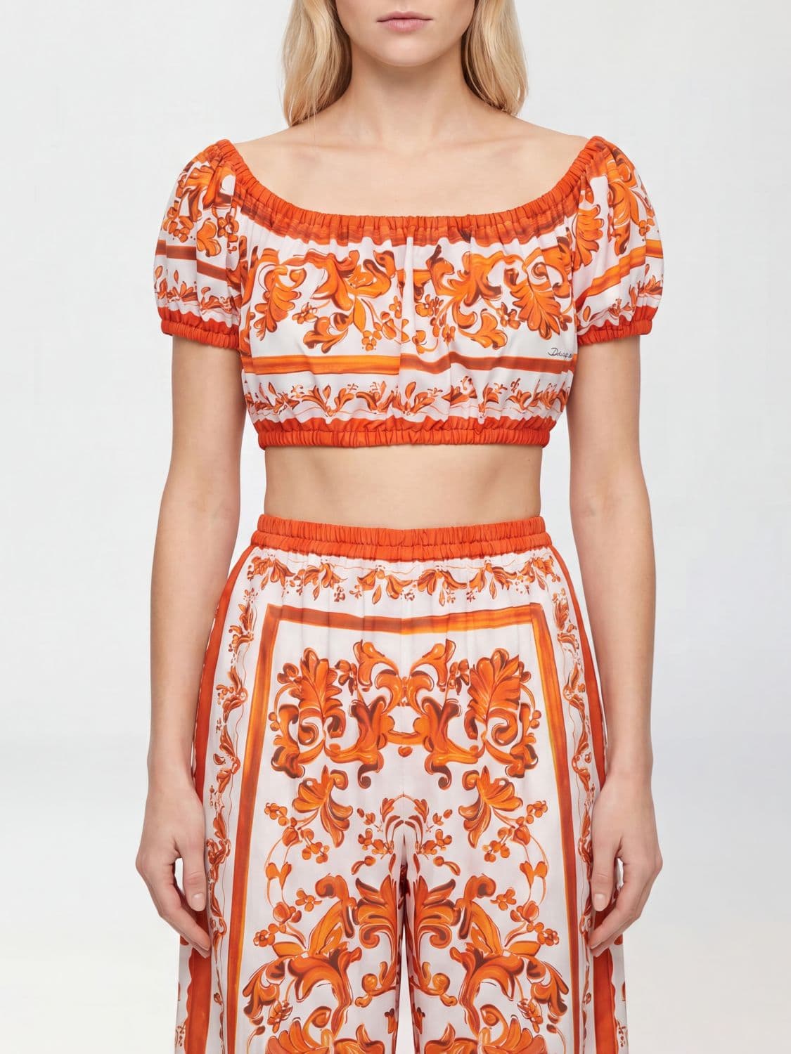 Dolce & Gabbana Cropped Cotton Top with Maioliche Print and Boat Neck