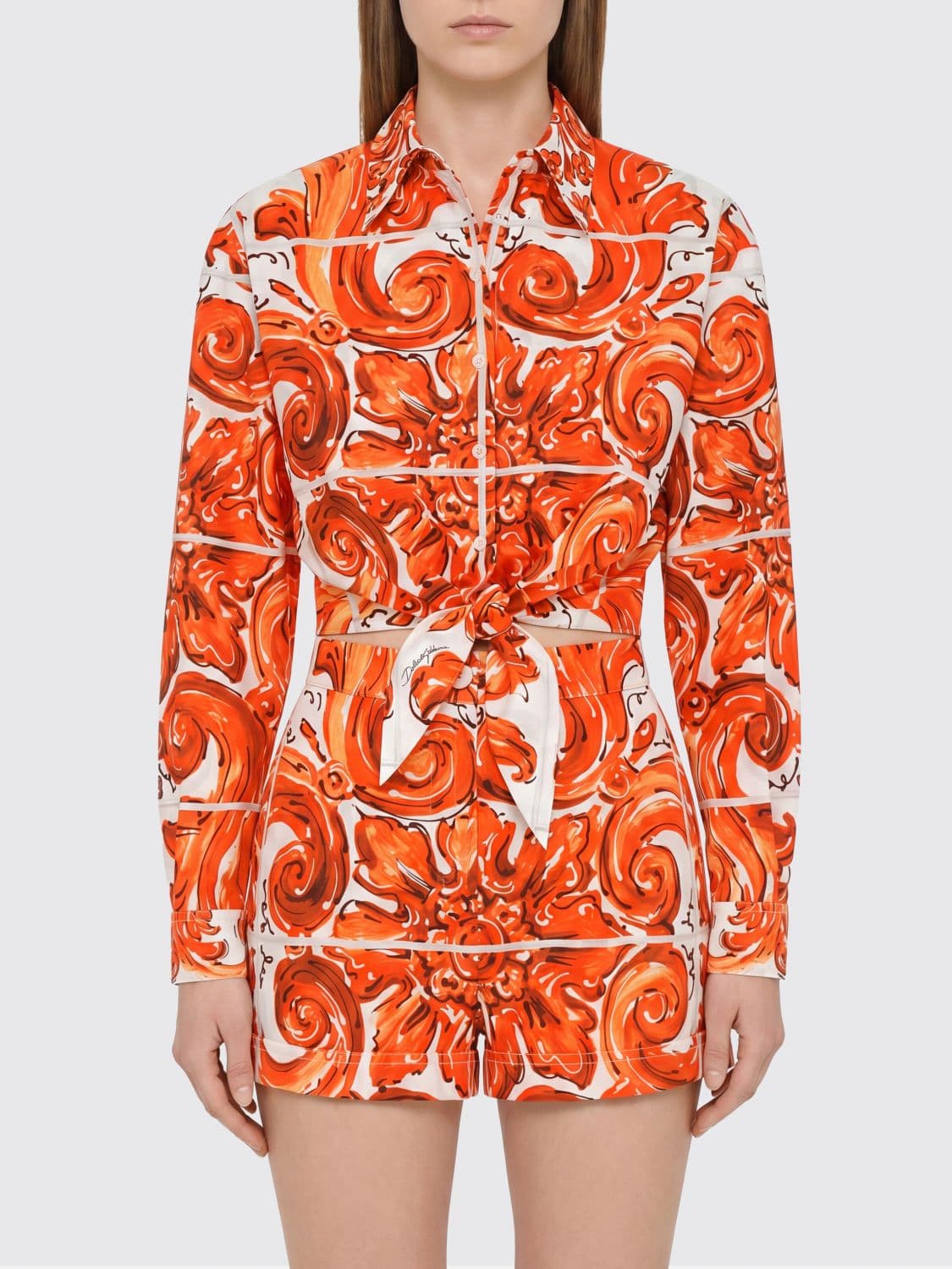 Dolce & Gabbana Cropped Cotton Shirt with Maioliche Print and Front Tie