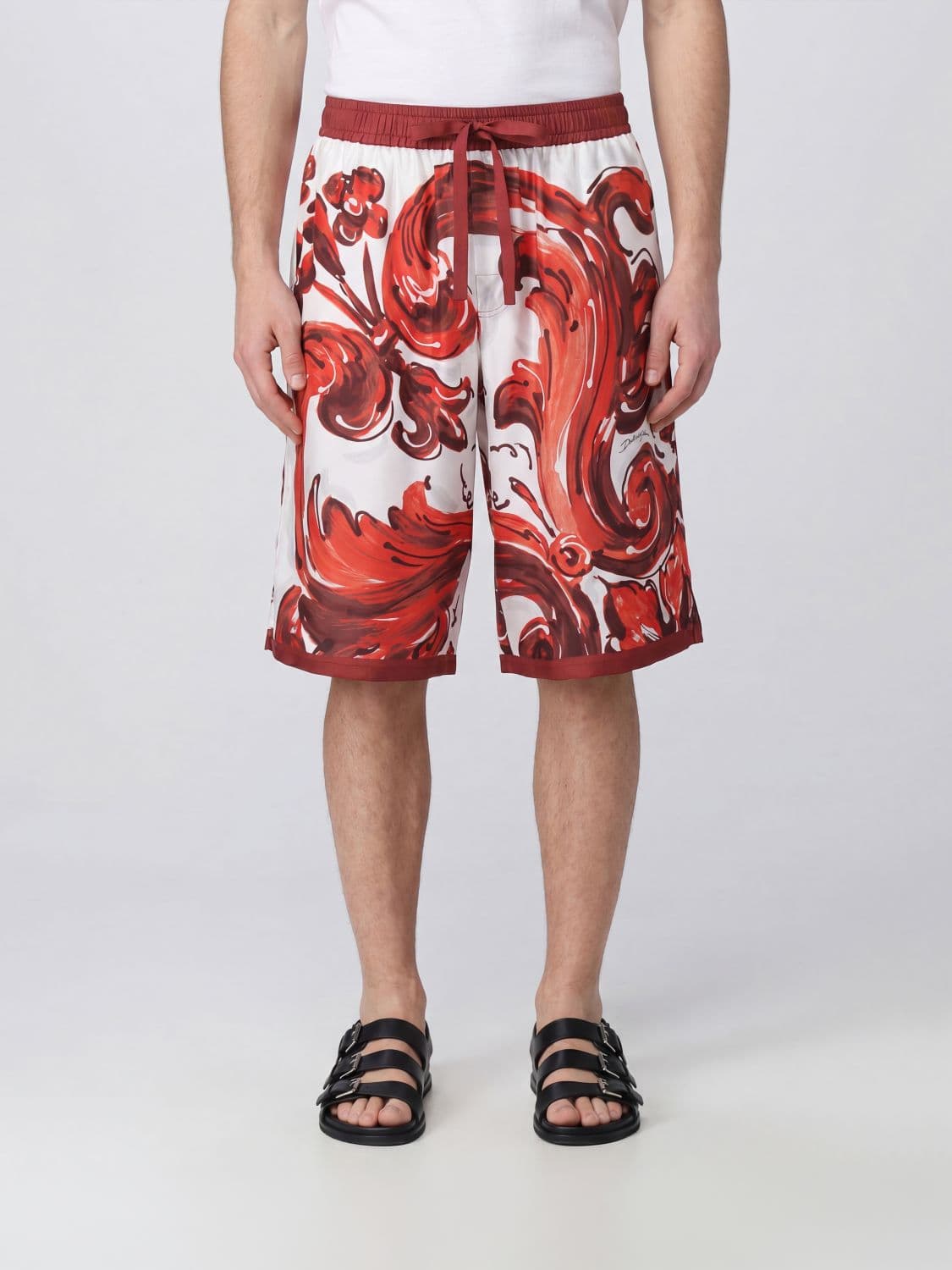Dolce & Gabbana Knee-Length Silk Shorts with Maioliche Print and Drawstring