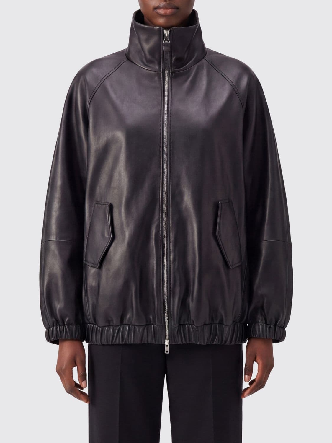 Brunello Cucinelli Relaxed Fit Lambskin Leather Bomber Jacket with High Neck