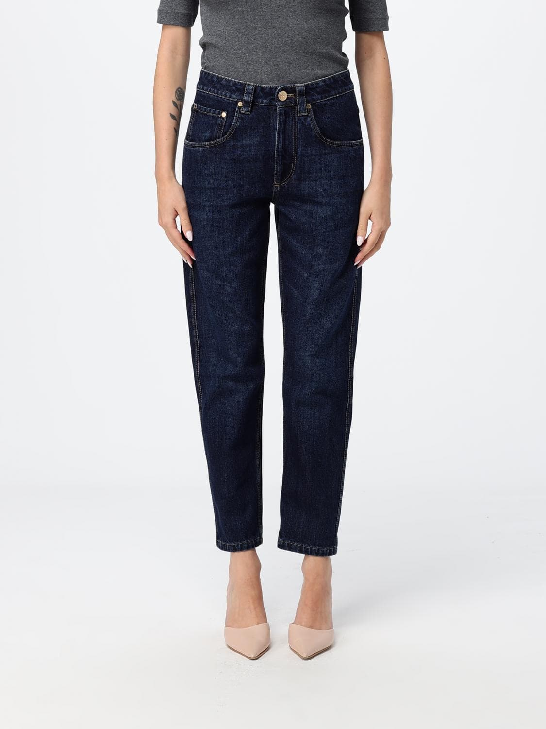 Brunello Cucinelli High-Waisted Straight-Leg Cropped Jeans in Cotton Denim
