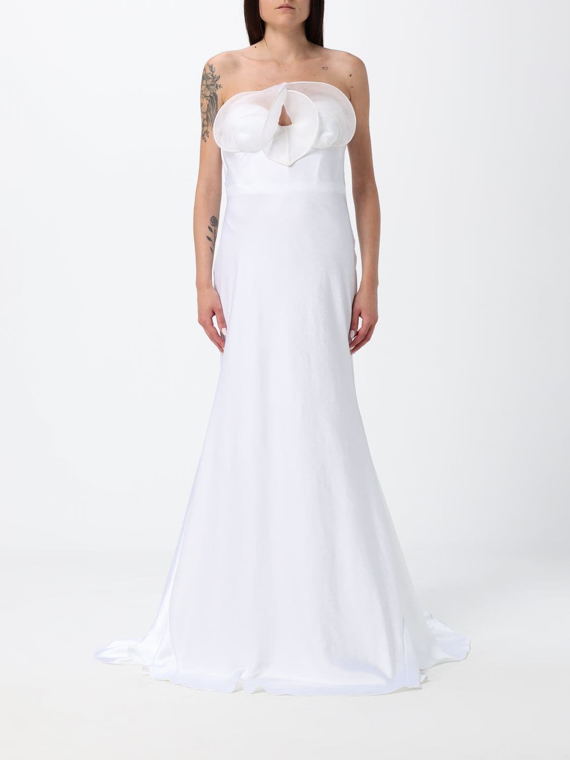 Genny Off-the-Shoulder Satin Bustier Bridal Gown with Ruffles · 42