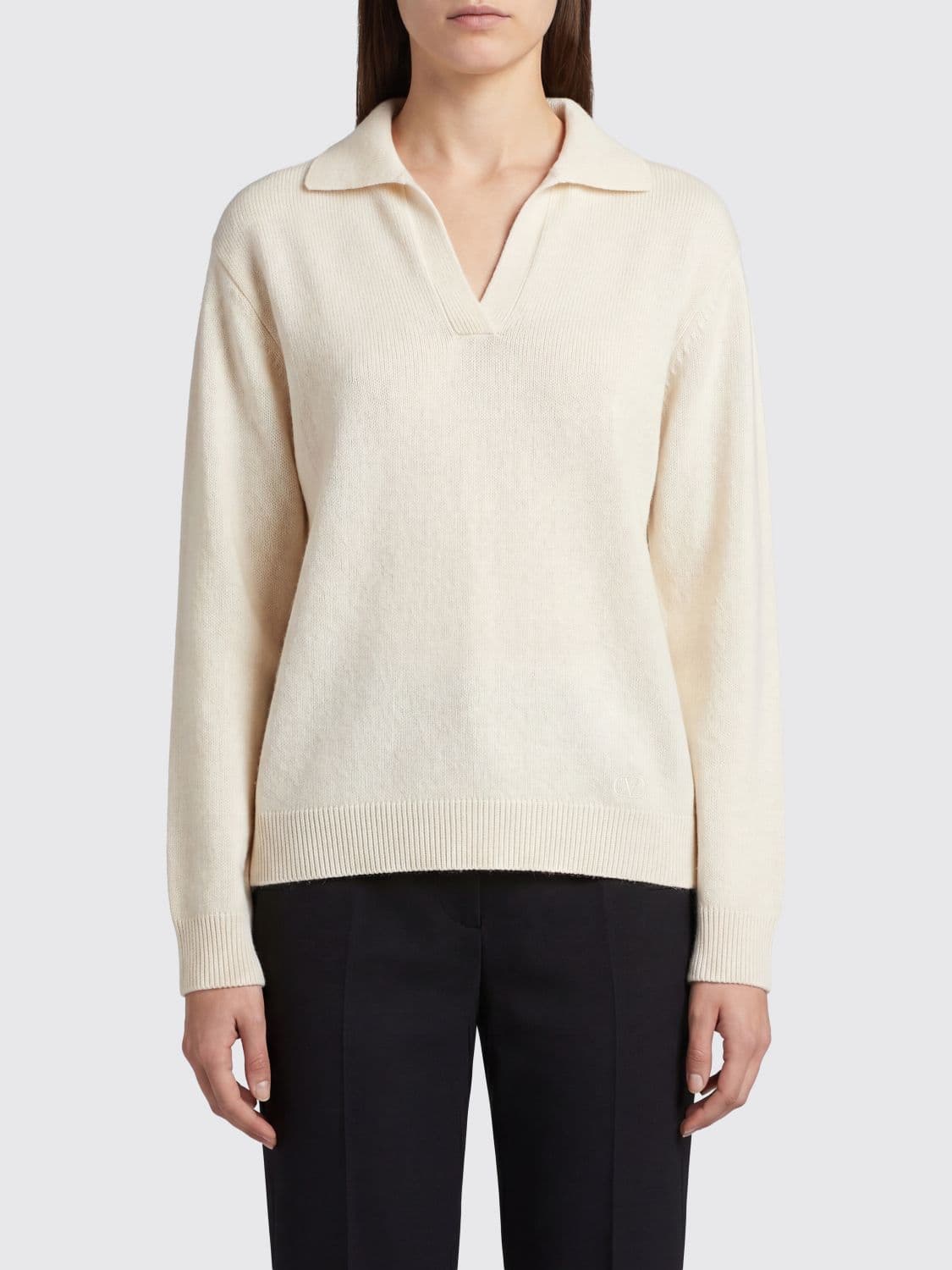 Valentino Long-Sleeved Knitted Polo in Pure Cashmere with V-Neck