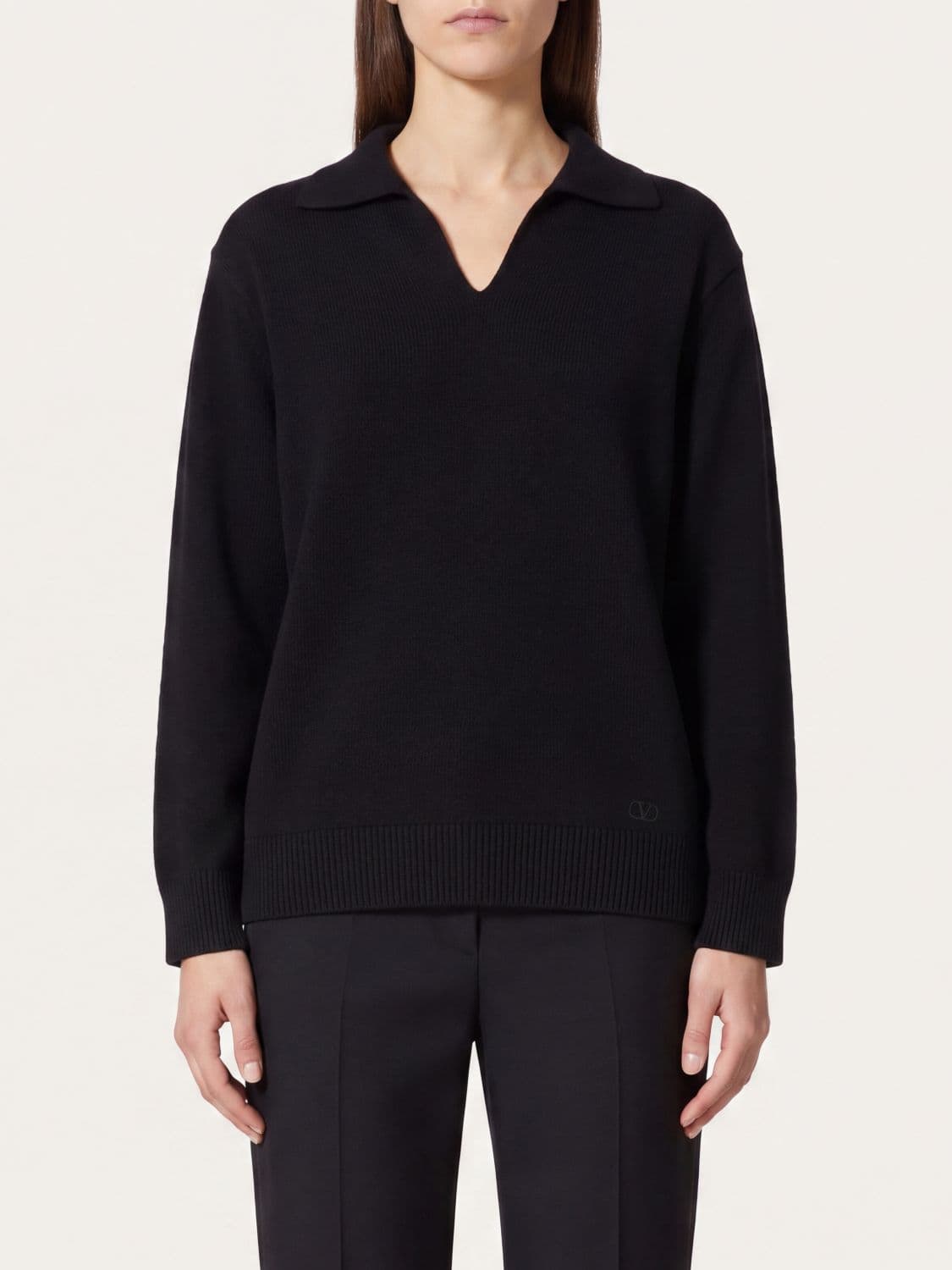 Valentino Long-Sleeved Knitted Polo in Pure Cashmere with V-Neck