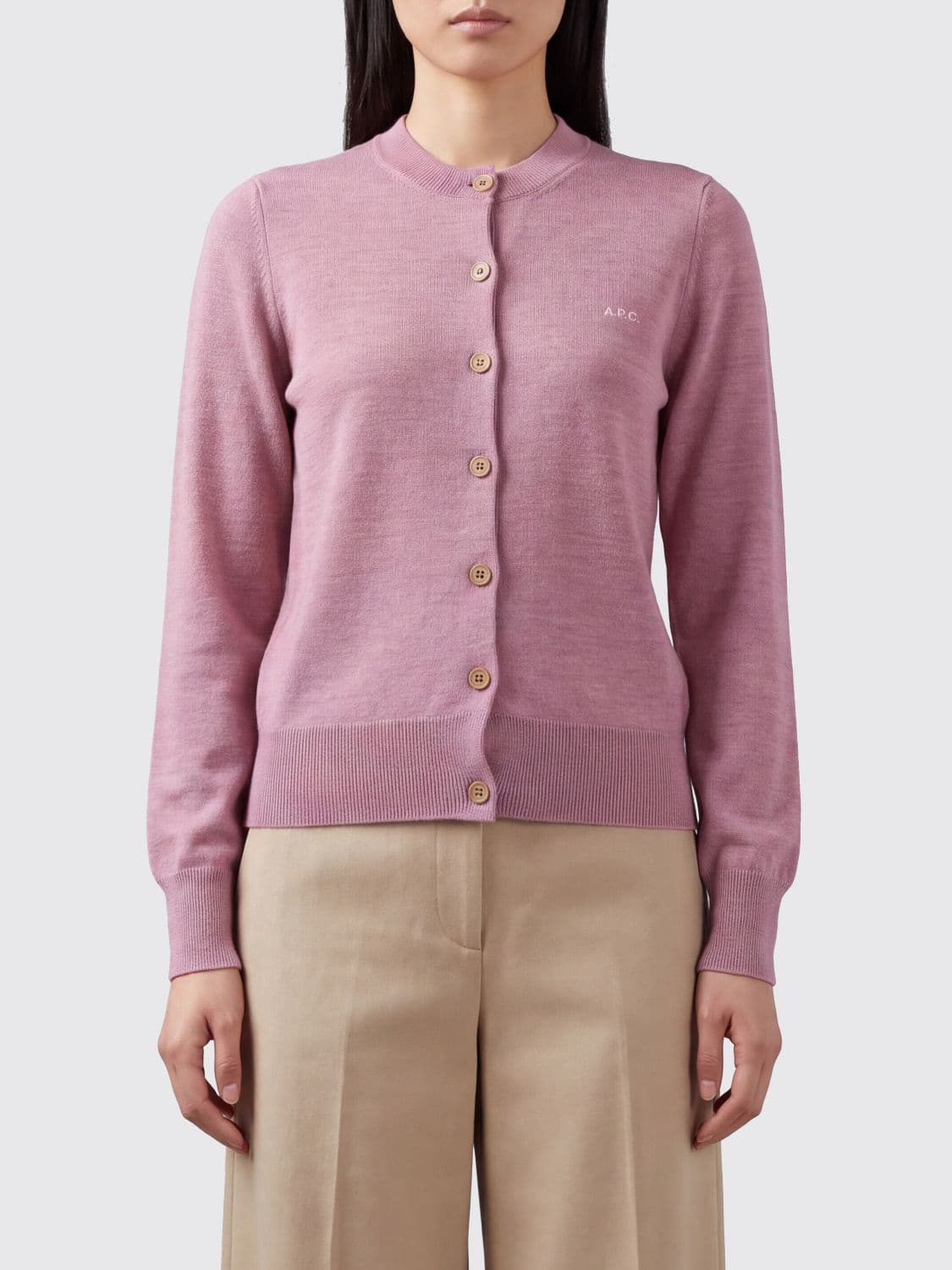 A.p.c. A. P.C. Crewneck Cardigan in Virgin Wool and Cotton Blend with Contrast Logo