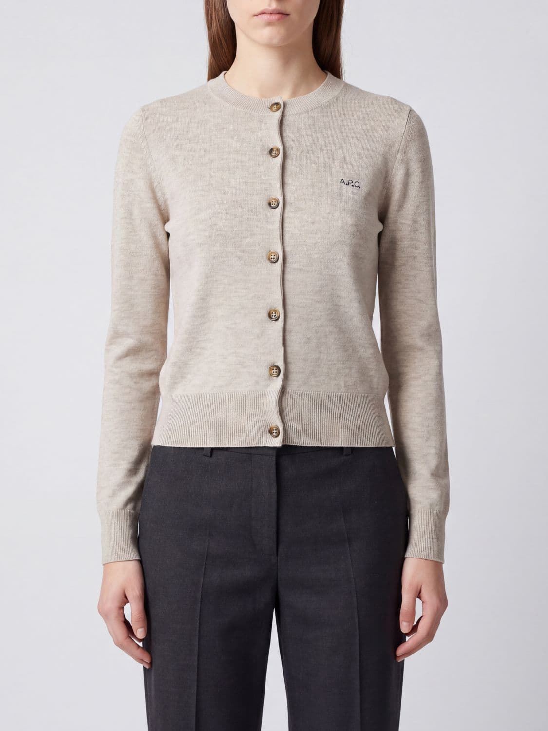 A.p.c. A. P.C. Crewneck Cardigan in Virgin Wool and Cotton Blend with Contrast Logo