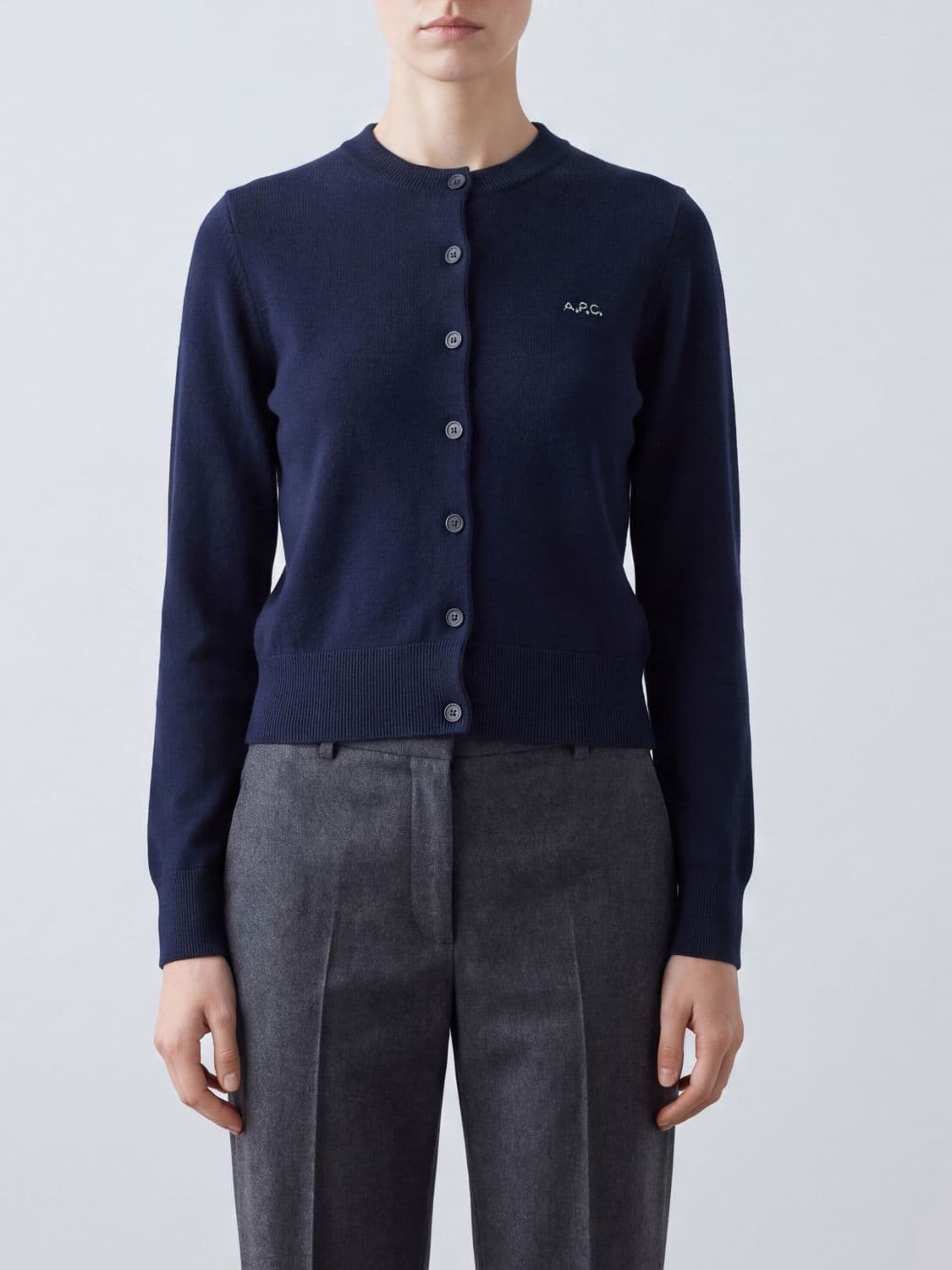 A.p.c. A. P.C. Crewneck Cardigan in Virgin Wool and Cotton Blend with Contrast Logo