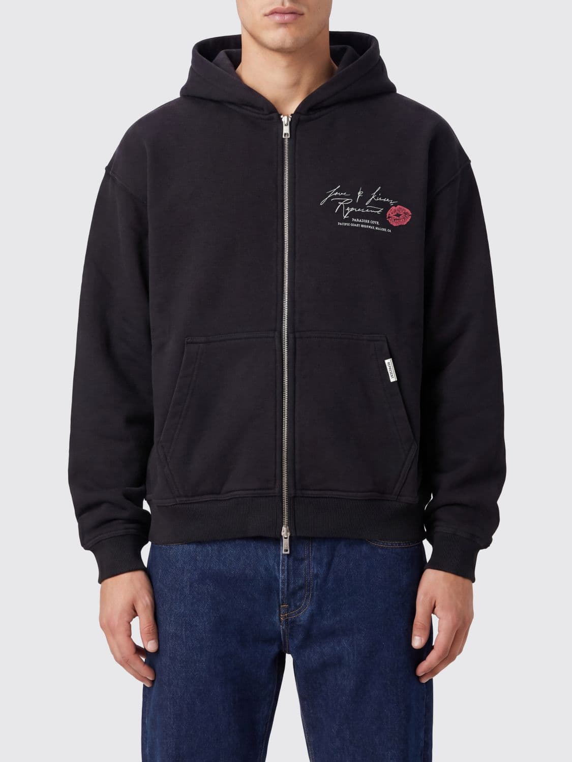 Represent Zip-Up Hoodie in Cotton with Printed Logo and Pouch Pockets