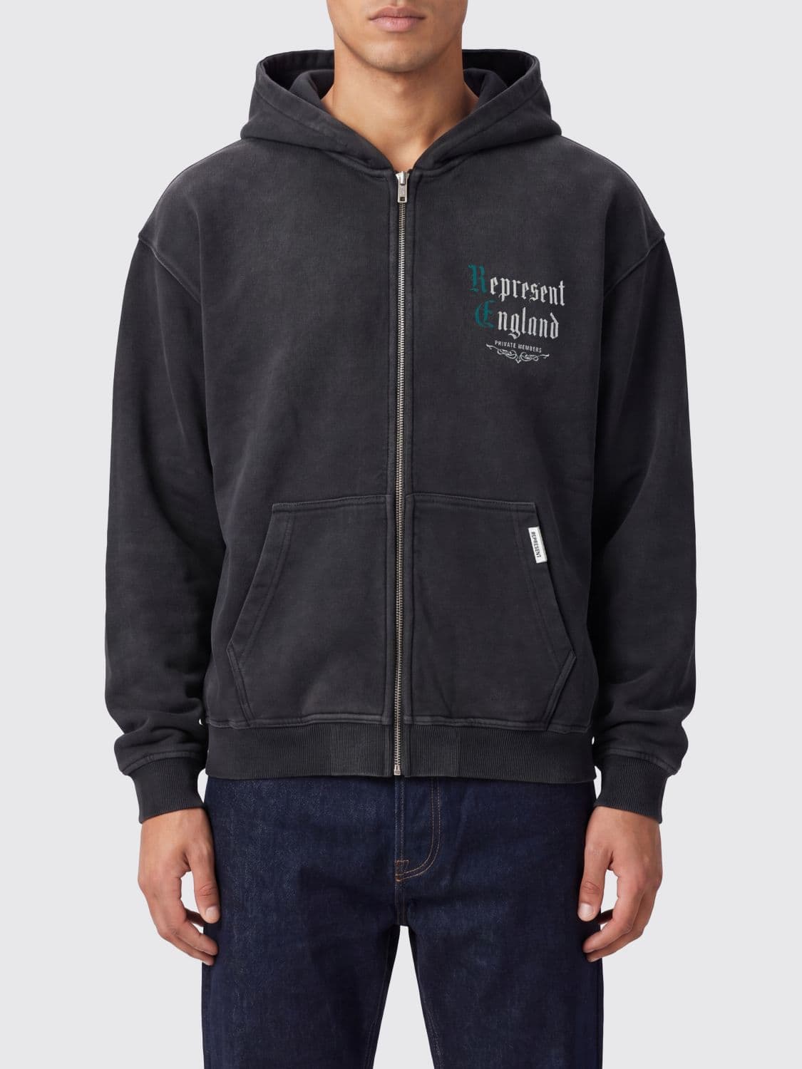 Represent Relaxed Fit Zip-Up Hoodie in Cotton with Logo and Pouch Pockets