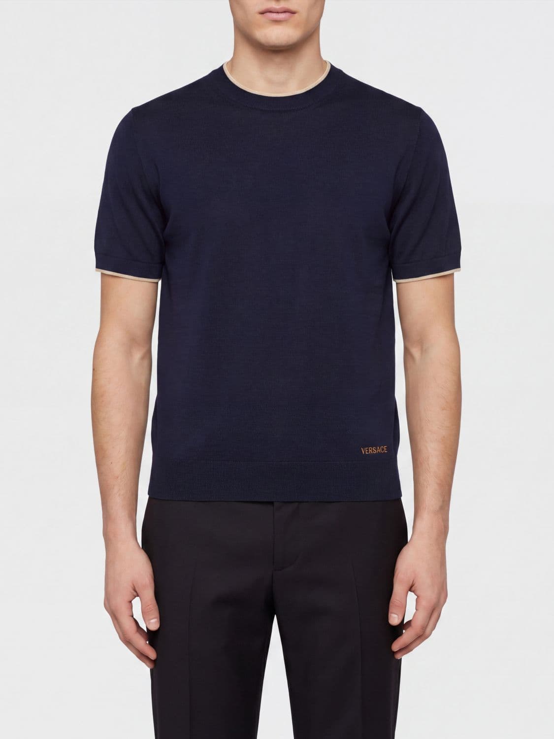 Versace Short-Sleeved Wool Crewneck Jumper with Contrast Tipping