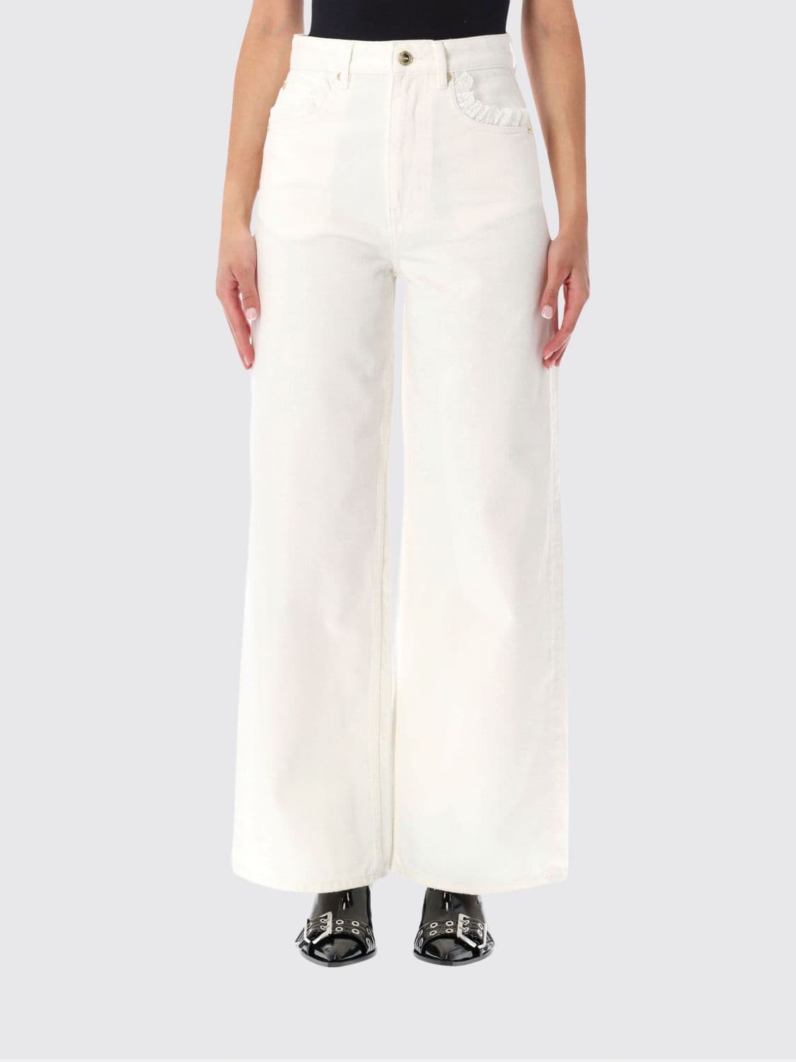 Ganni Lari High-Waisted Wide-Leg Jeans in Organic Denim with Lace