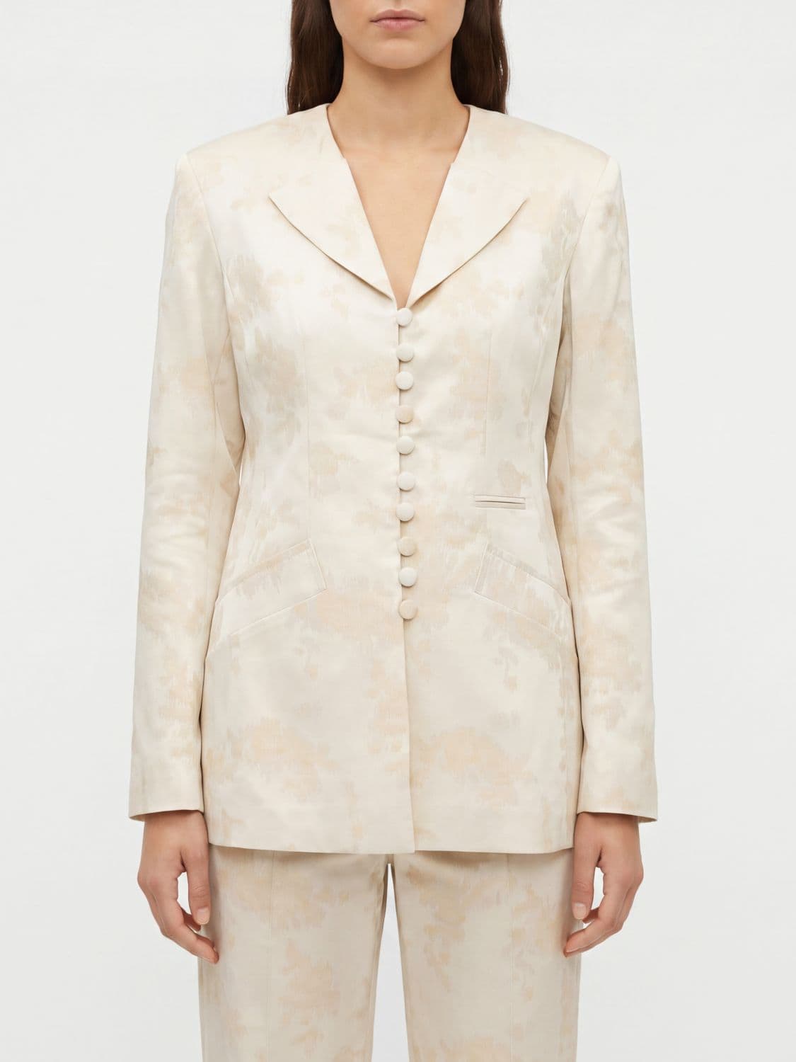Ganni Floral Print Slim Fit Cropped Cotton-Blend Blazer